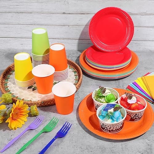 Miniatura 5 de Juego de 240 piezas de vajilla de fiesta de arco iris, 60 platos de papel coloridos y servilletas de 9 onzas, paquete completo, juego de vajilla