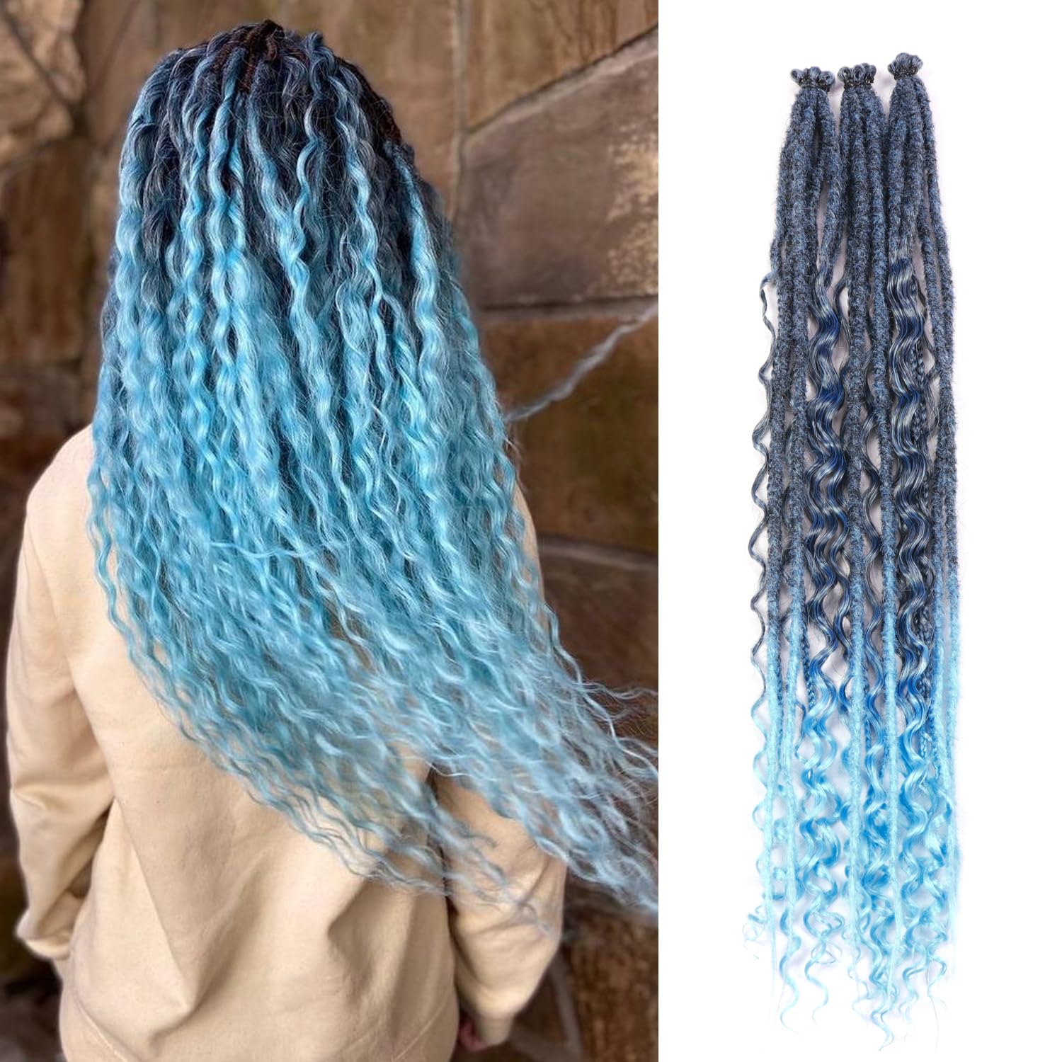 24 Inch Synthetic Dreadlock Extensions Hippie Single Ended Dreads 0.6 cm Width Loc Extensions Reggae Style Crochet Hair for Women (T1B/Light Blue