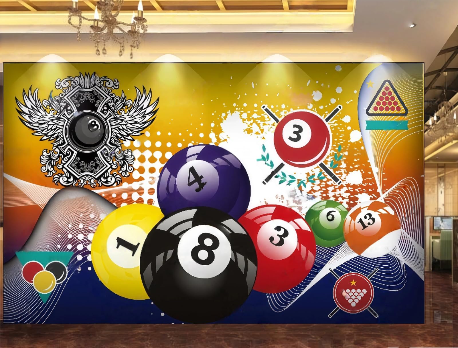 XDOUBAO Wallpaper Hand-Painted Club Billiards Table Tennis Theme Shopping Mall Afternoon Tea Western Restaurant Background Wall Wallpaper Coffee Shop Mural,3D,400x280cm