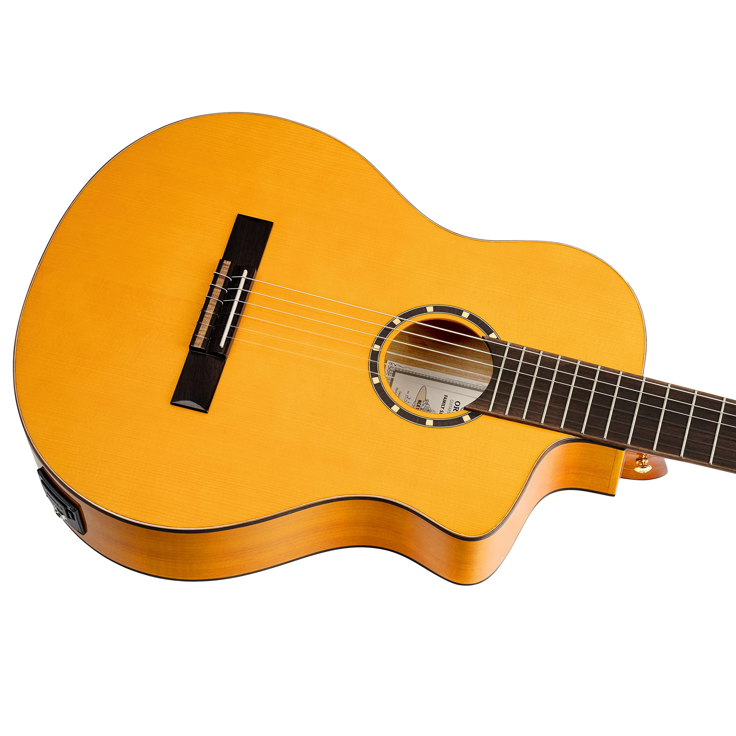 Ortega Guitars Family Series Pro - Guitarra de concierto Flamenco 4/4, electroacústica, pícea y ciprés con acabado brillante, color amarillo, incluye funda (RCE170F)