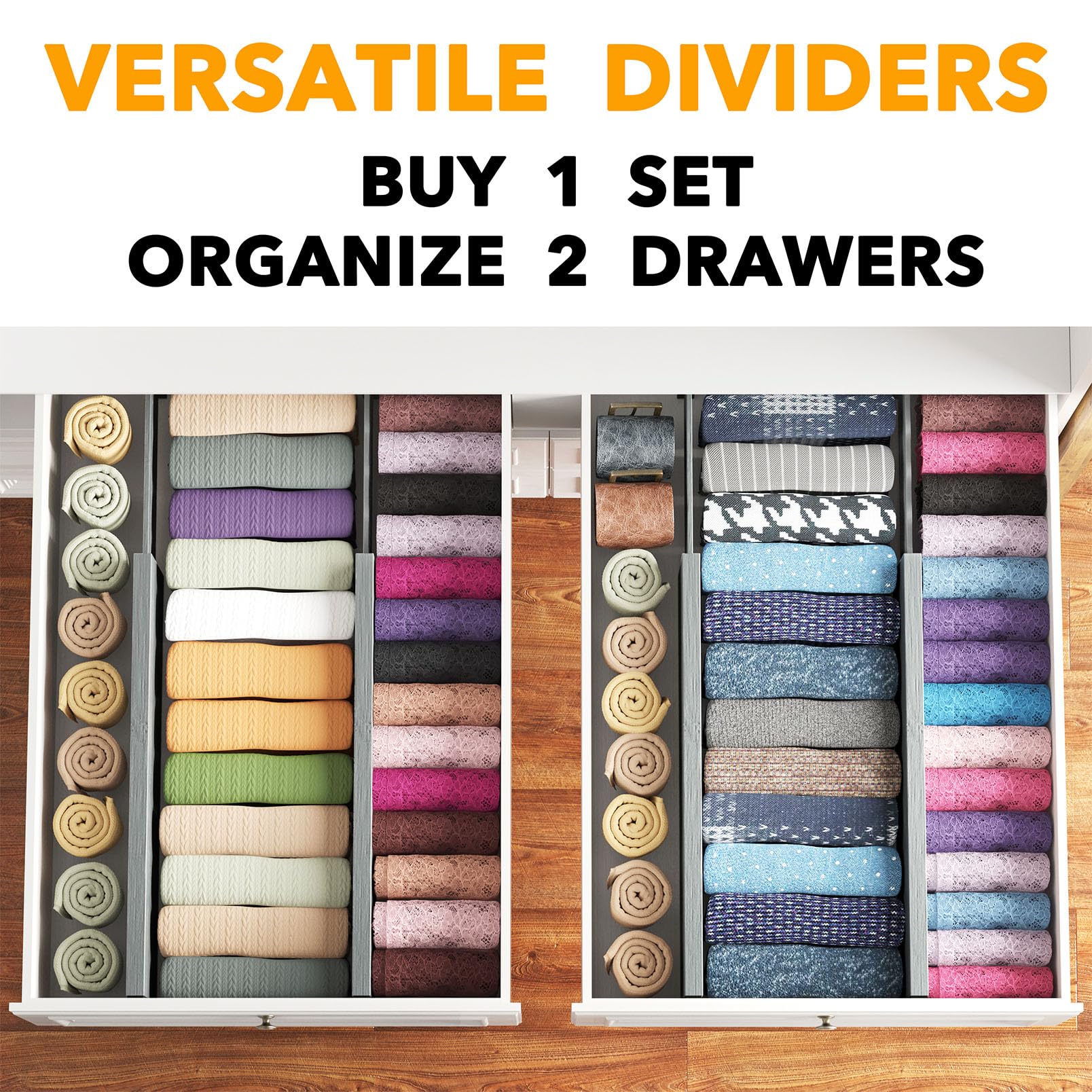 SpaceAid Schubladenteiler aus Bambus, 11,8 cm hoch, verstellbar, 43,2 cm - 55,9 cm, erweiterbare Organisation für Kleidung, Kommoden, Grau, 4 Stück