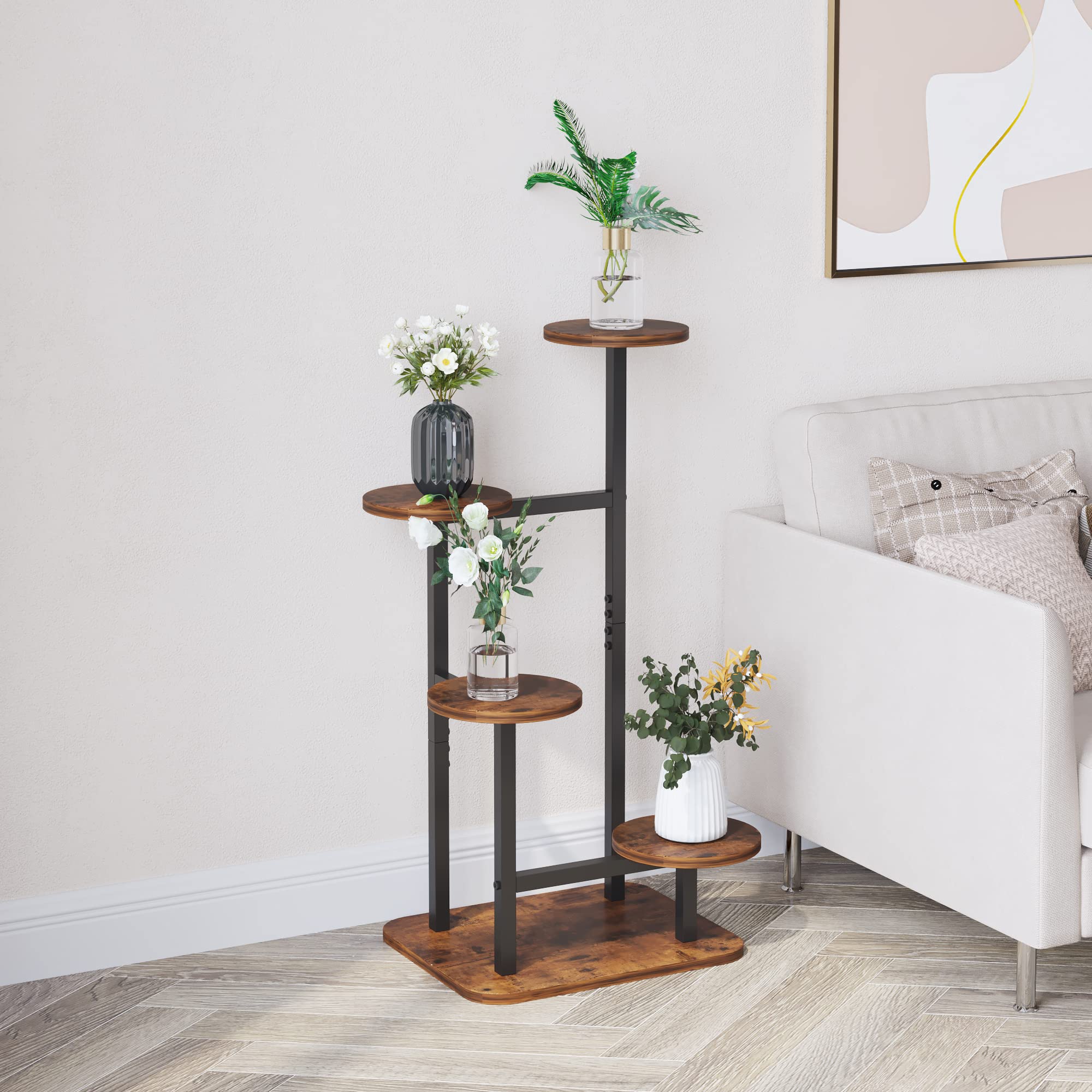 TigerDad 5 Tier Plant Stand-Metal and Wood Flower Stand for Indoor Plants- Outdoor Garden Multiple Plants Display Rack with 5 Shelfs (Round)