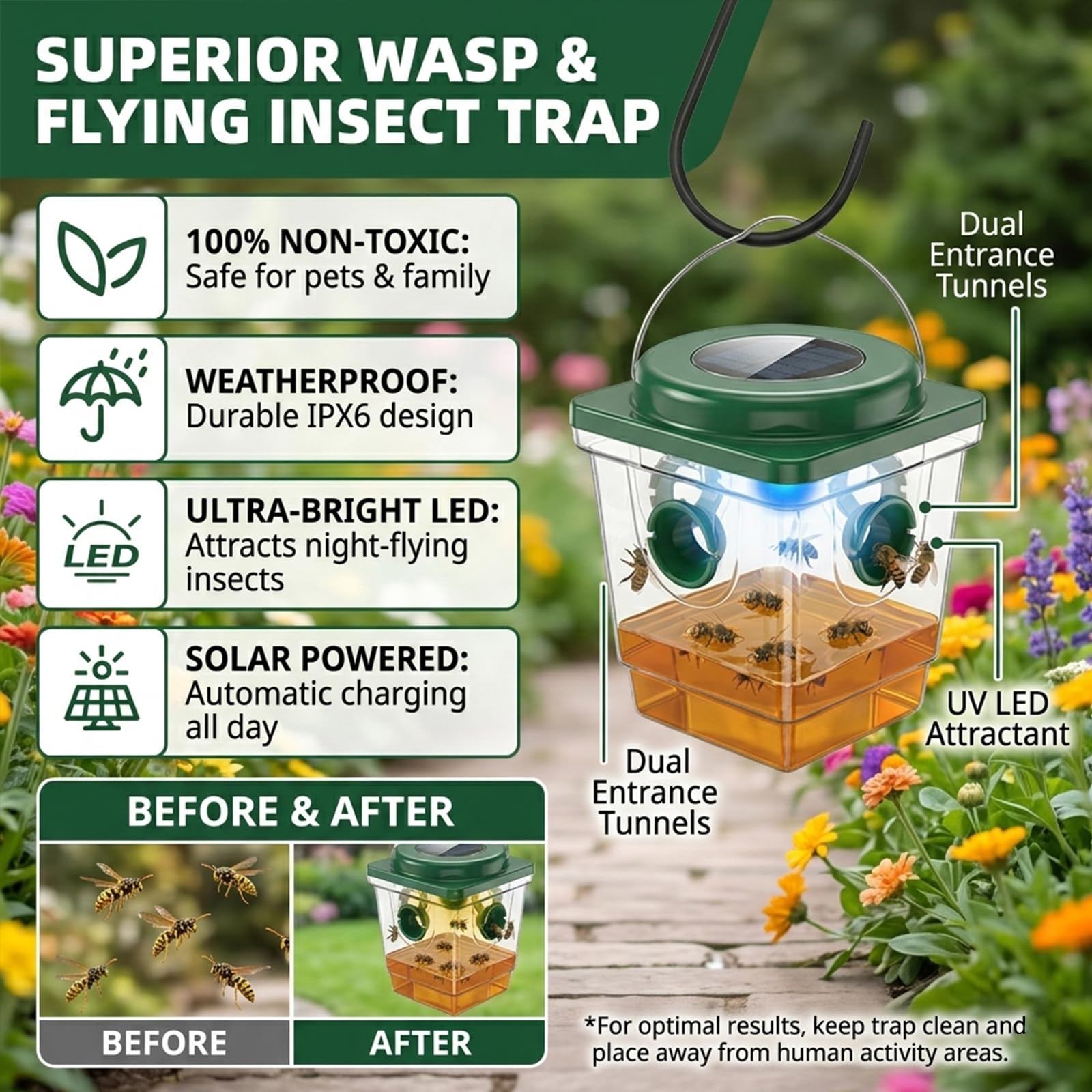 Lot de 4 pièges à guêpes solaires à suspendre pour l'extérieur : pièges jaunes réutilisables avec lumière LED – Pièges à abeilles de charpentier efficaces à énergie solaire pour terrasse – Dissuasif