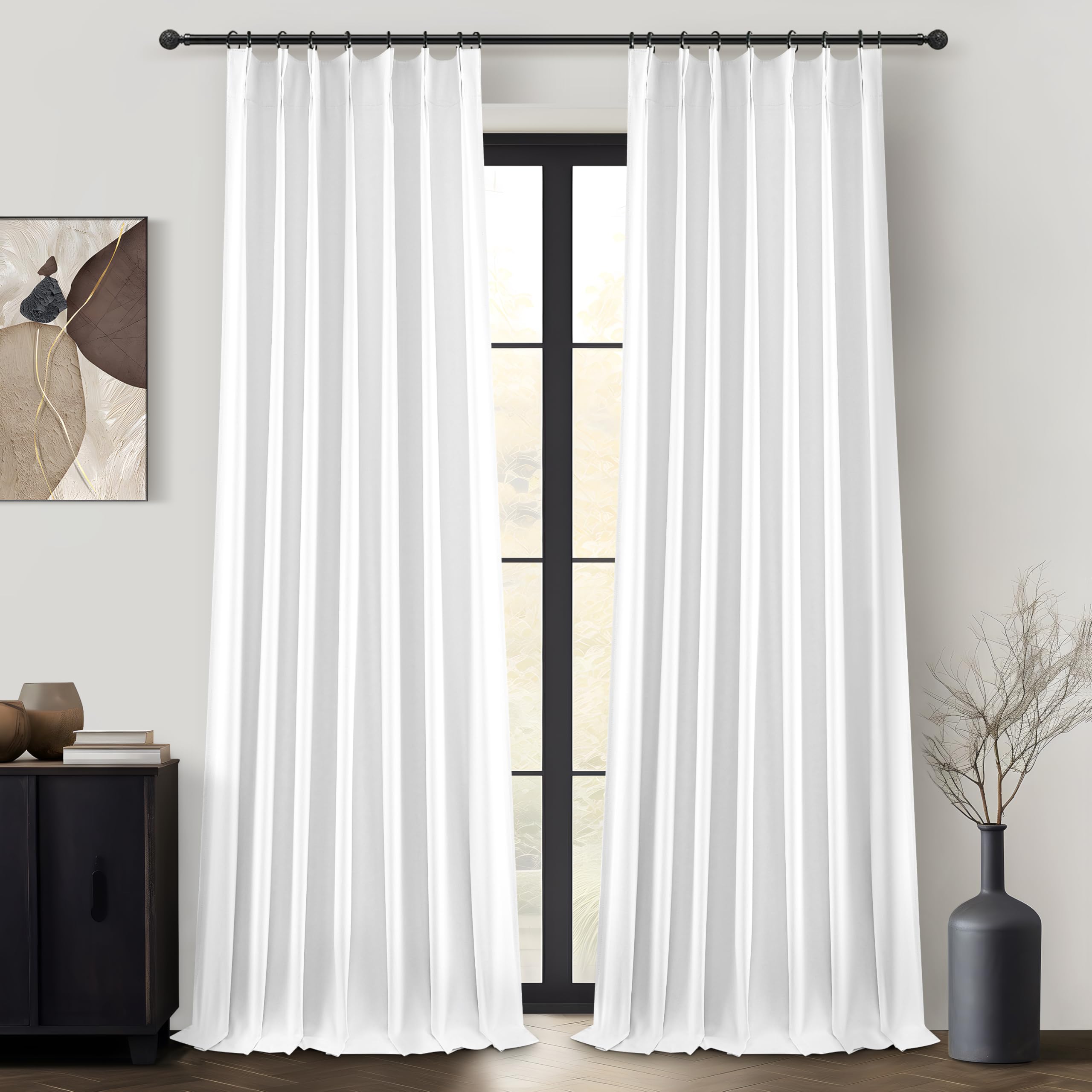 Bright White Full Blackout Natural Linen 100 Inch Curtains Para Sala 2 Panels Set, Memory Shape Pinch Pleated Room Darkening Drapes Insulated Sound Dampening 40 x 100 Inches Curtain for Dining Room