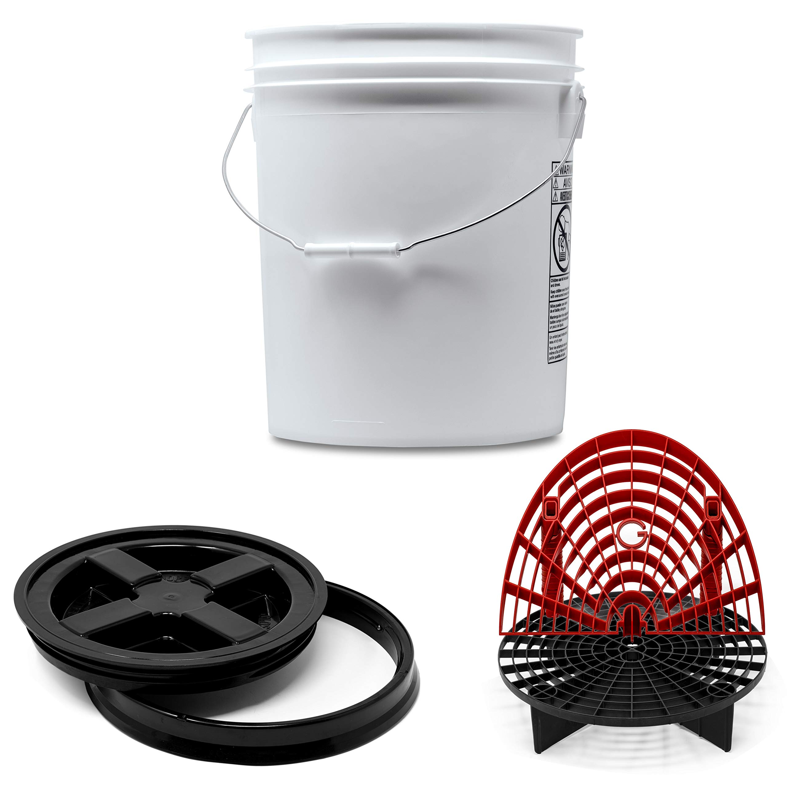 Detailmate professionelles Wasch Eimer Set: Magic Bucket Wascheimer 5 GAL (ca. 20 Liter), Gamma Seal Eimerdeckel schwarz, GritGuard Schmutz Einsatz schwarz, GritGuard Washboard rot
