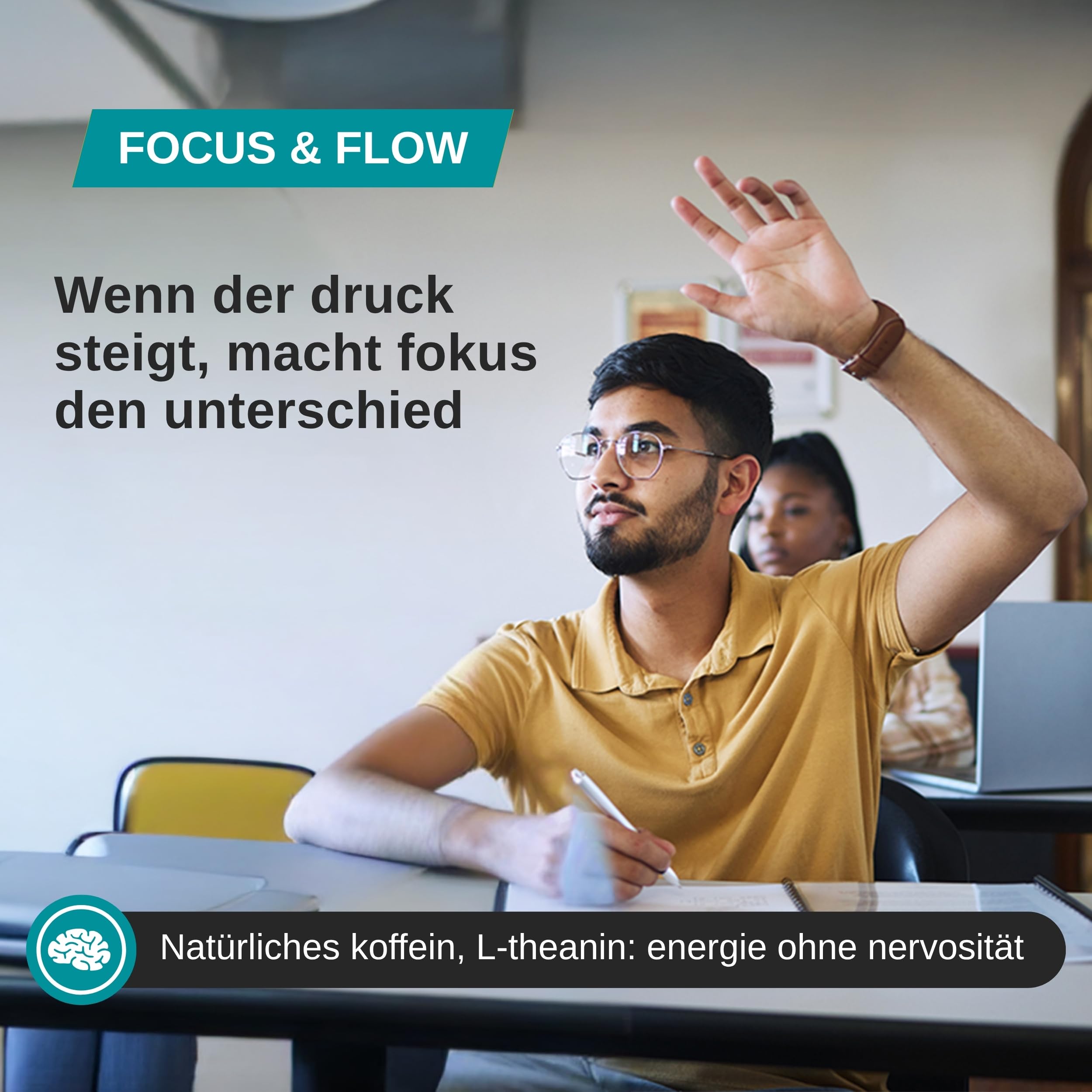 L Theanin, Ginkgo Biloba, Ashwagandha – Nootropic mit Bacopa Monnieri, natürlichem Koffein, Vitamin B6 & B12 hochdosiert | Focus, Konzentration & Energie ohne Nervosität | 90 vegane Kapseln
