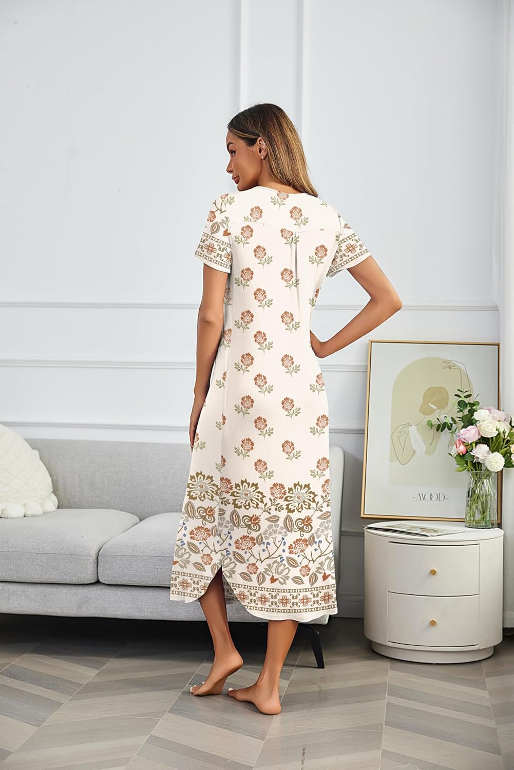 Ekouaer Long Nightgowns for Women Plus Size House Dress Short Sleeve Night Gown Pleated Full Length Loungwear S-4XL - Image 5