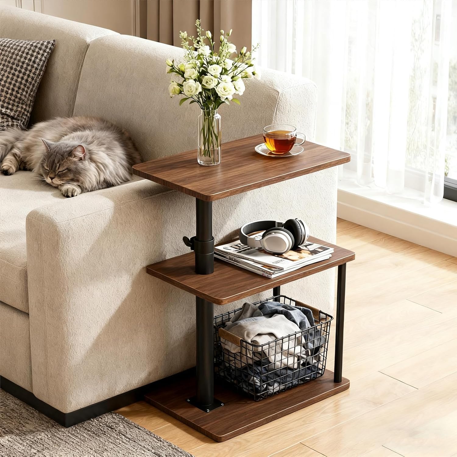 Faesun Swivel Side Table for Couch Arm, Adjustable C End Table for Recliner or Bed, Tv Trays with Storage Shelf for Small Spaces Small Nightstand Table for Living Room, Bedroom，2pc