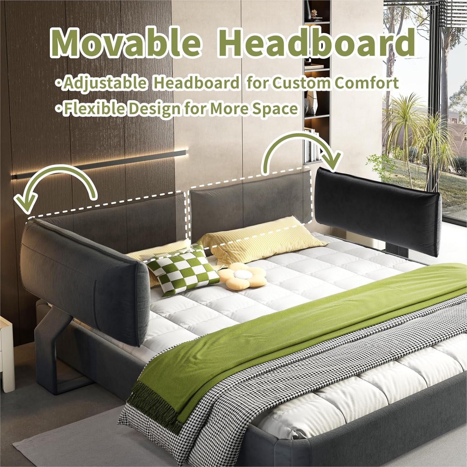 King Size Upholstered Bed Frame with Oversized Thick Swivel Headboard, Modern Luxury Chenille Cloud Platform Bed King with Round Corner, Elegant Grounded Soft Bedframe, Dark Grey