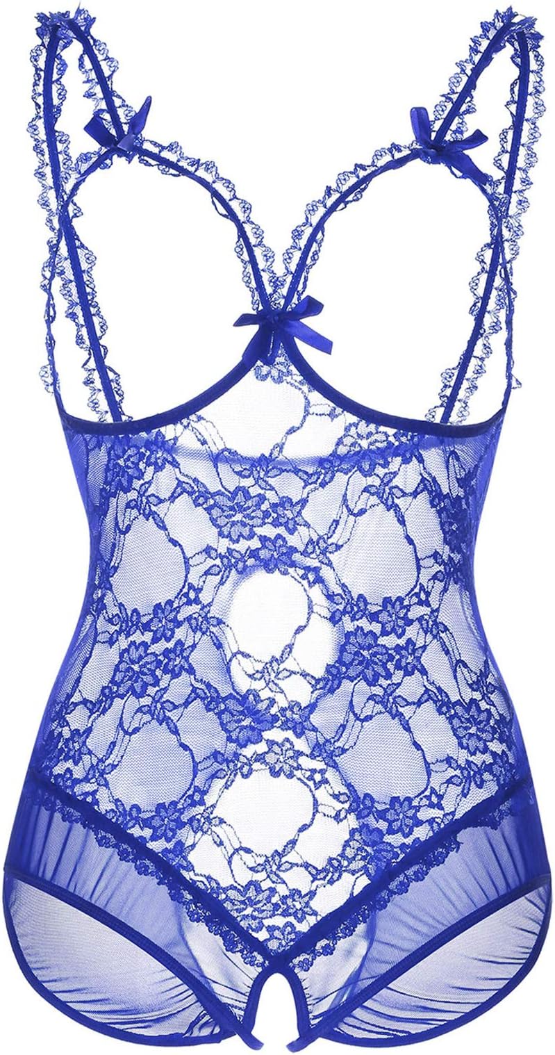 Plus Size Lingerie for Women One-Piece Teddy Lingerie Bodysuit Lace Nightie(Blue,XXXL)