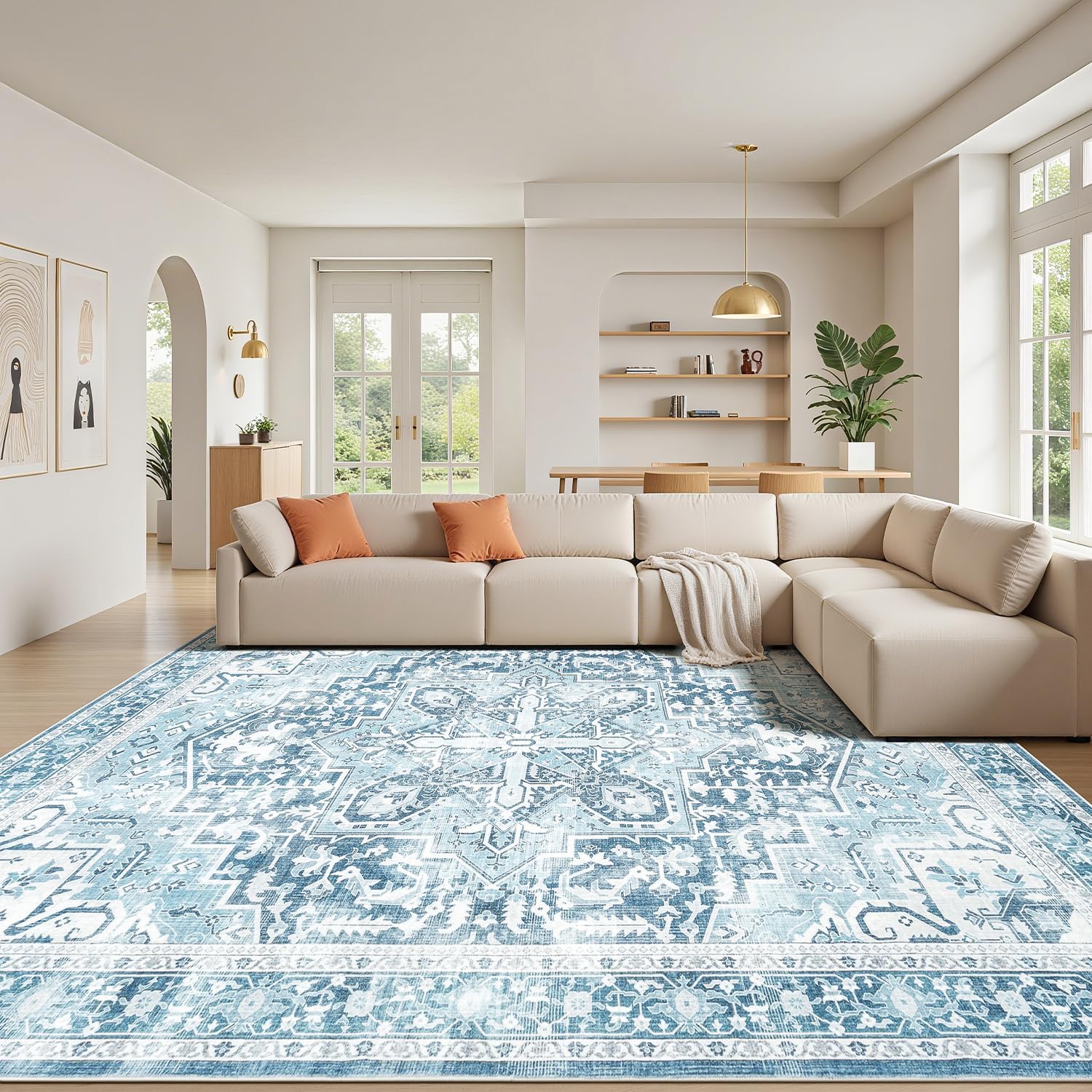 Rugflix 8x10 Area Rugs for Living Room, Machine Washable Rug Non Slip Stain Resistance, Large Rug Vintage Distressed Soft Carpet for Bedroom, Dining Room, Home Office, Blue