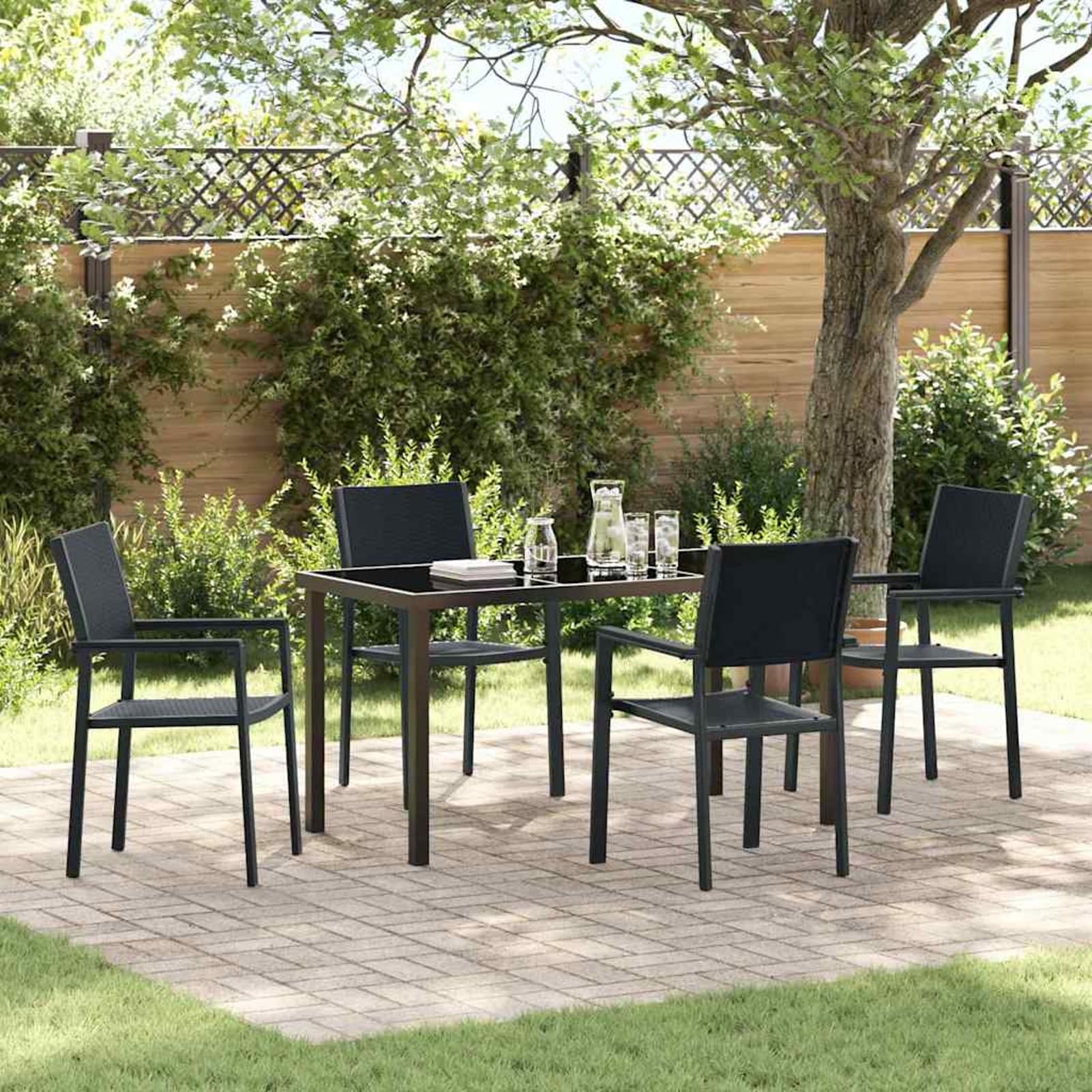 Geecher Set da Pranzo per Giardino 5 Pezzi, Design Moderno, Nero, Acciaio Verniciato a Polvere, sedie e Tavolo da Esterno, 4 posti, 140x70 cm, per cene all'aperto