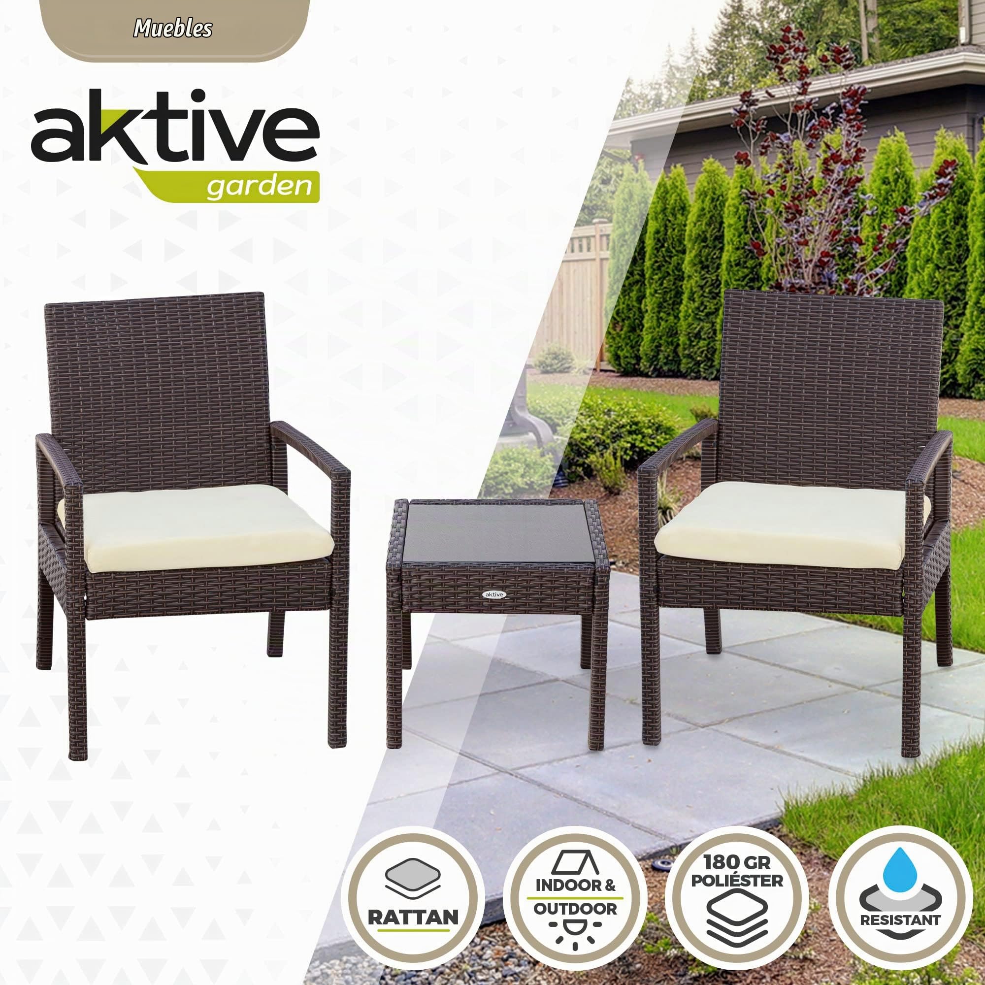 AKTIVE 61068 - Set muebles para jardín y terraza ratán, Muebles terraza exterior, incluye 2 sillones jardín exterior con cojín acolchado y 1 mesa terraza exterior, Conjunto jardín exterior, Oscuro