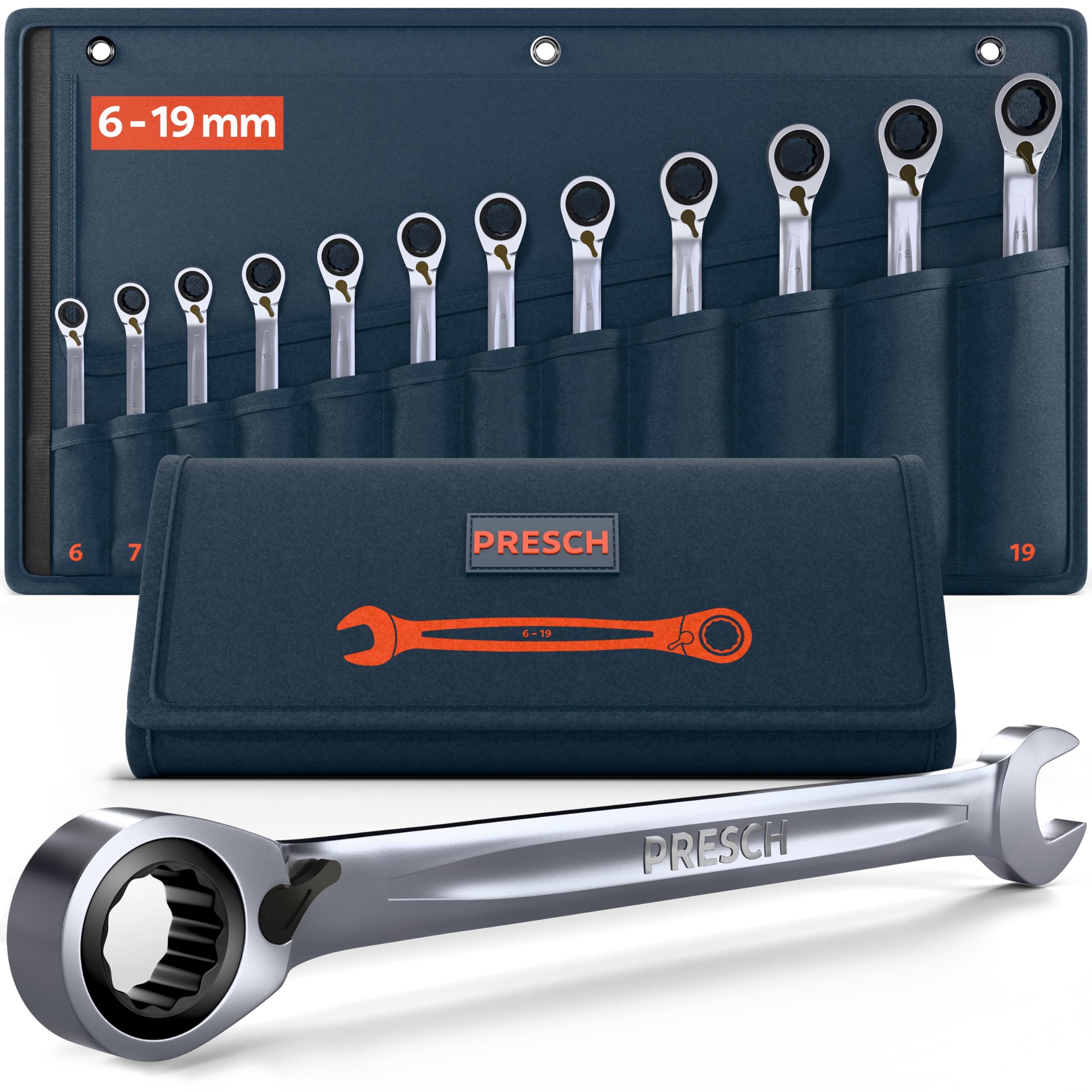 PRESCH Clés à cliquet réversibles 12 pcs. (6-19mm) avec sacoche - Angle de reprise minimal (jusqu'à 4°, 90 dents) - Cles plate à cliquets robustes usinées avec précision