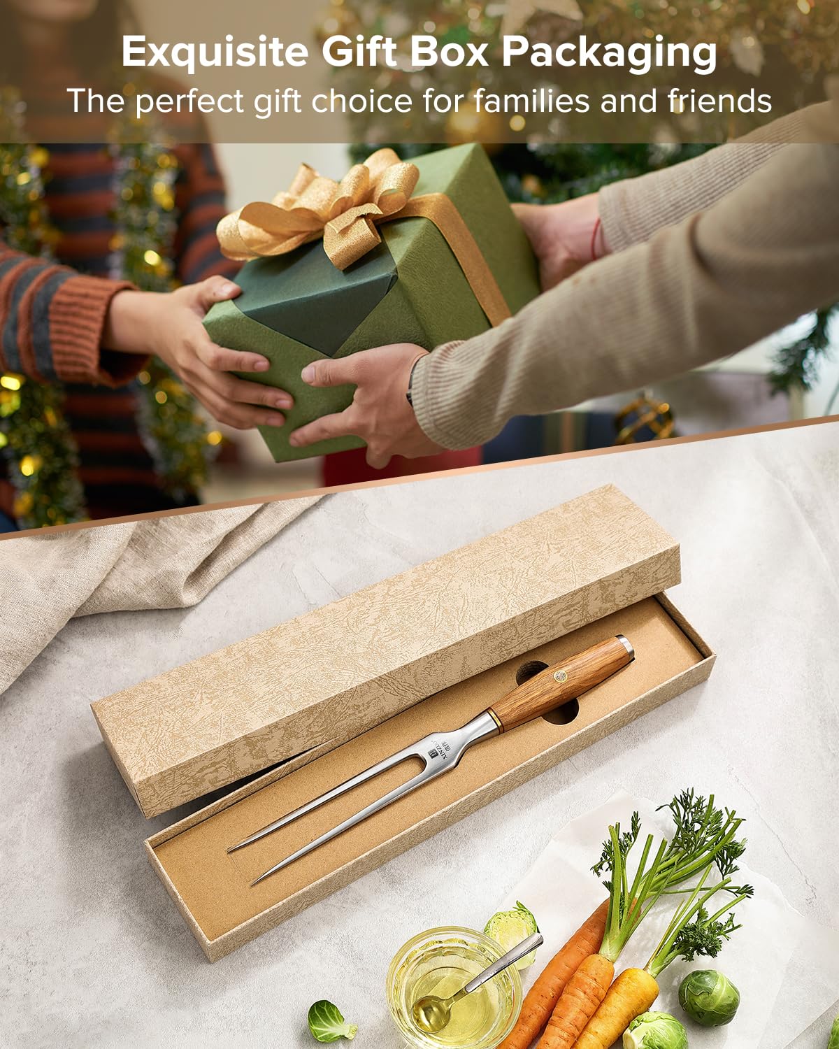 XINZUO 29.7cm Fourchette à Viande 430 Acier Inoxydable Fourchette à Découper, Chef Multifonctionnel Professionnel Barbecue Fourchette -Poignée en Bois d'Olivier -avec Boîte cadeau Exquise