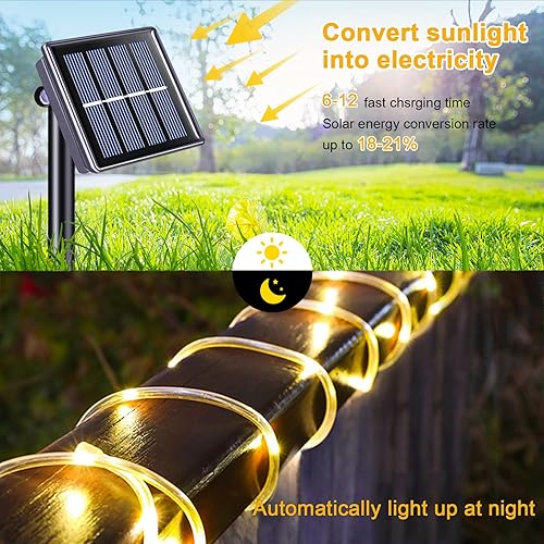 Miniatura 8 de JMEXSUSS Paquete de 2 cuerdas solares de 100 luces LED, 33 pies, 8 modos, luces solares para exteriores, impermeables, con energía solar, tubo para