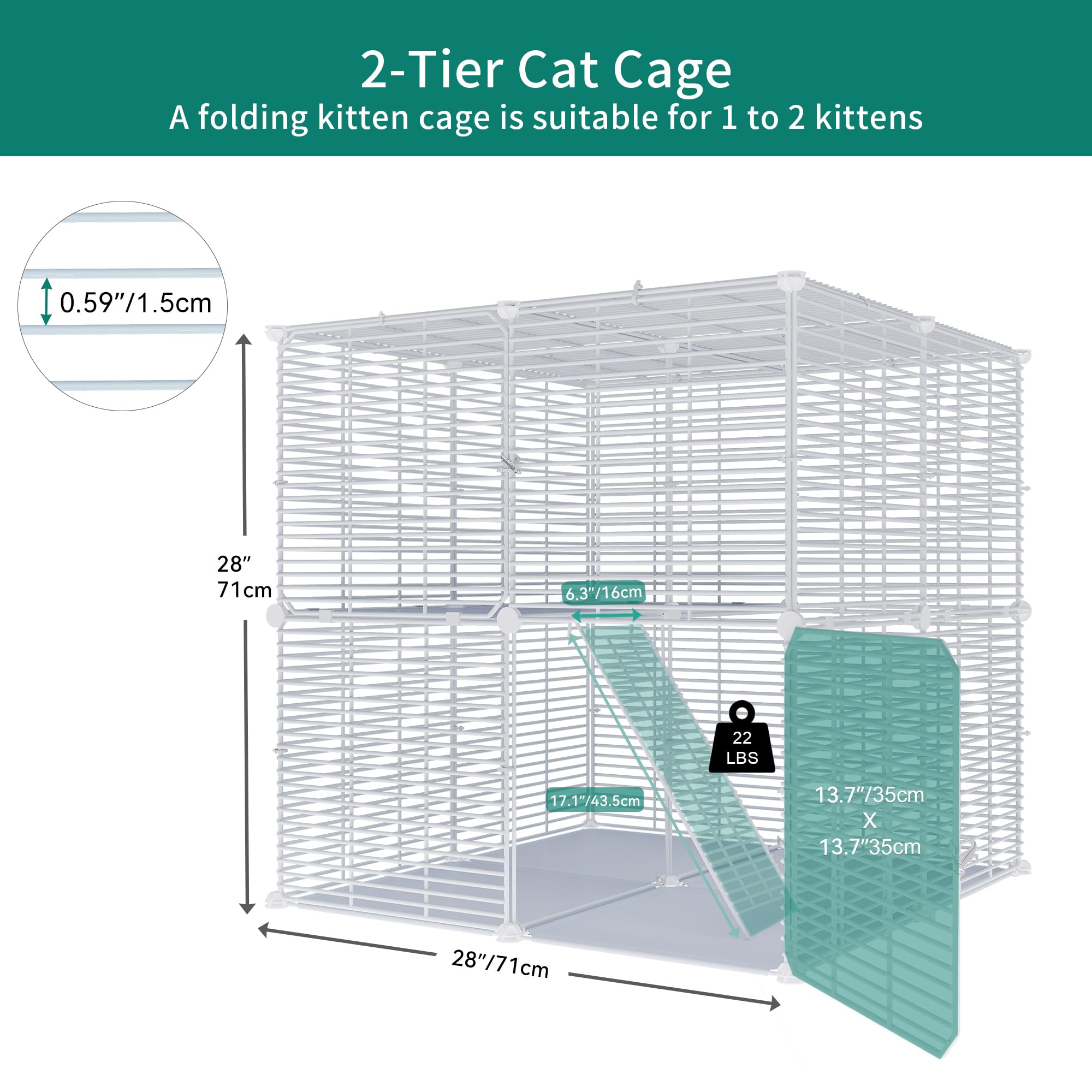 YITAHOME Gabbia per Gatti da Esterno/Interno, Recinto per Gatti con 2 Porte, 1 Scale, Box per Gatti in Metallo a 2 Livelli, Gabbia con Filo Metallico Denso per Gatti, Coniglio, Bianco, 71x71x71cm