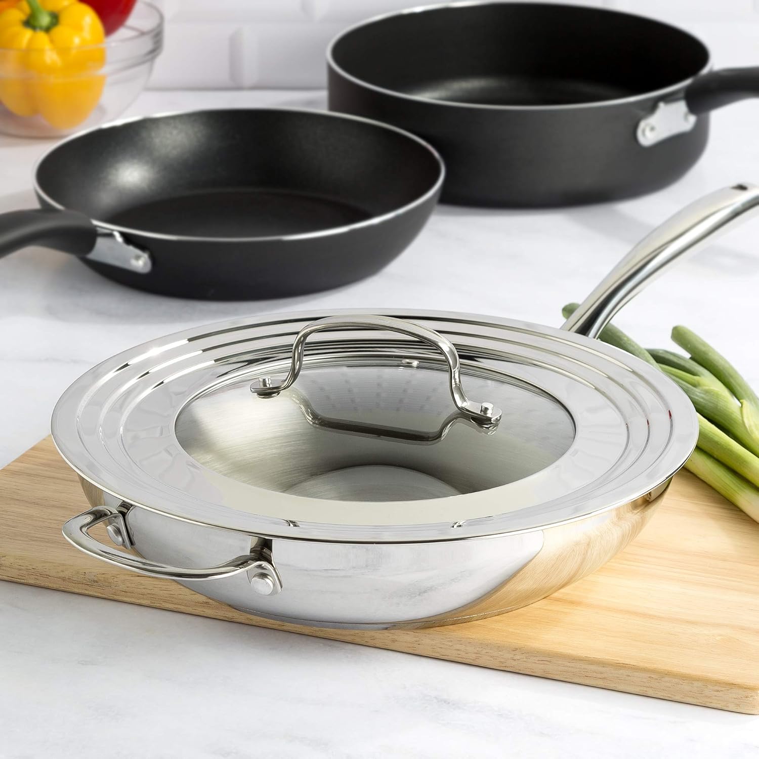 Goodful Universal Lid for Pots, Pans and Skillets, Tempered Glass Steam Vented, Graduated Rim Fits 9.5"-12" Cookware, Replacement Top, Dishwasher Safe, Stainless Steel and Glass: Home & Kitchen