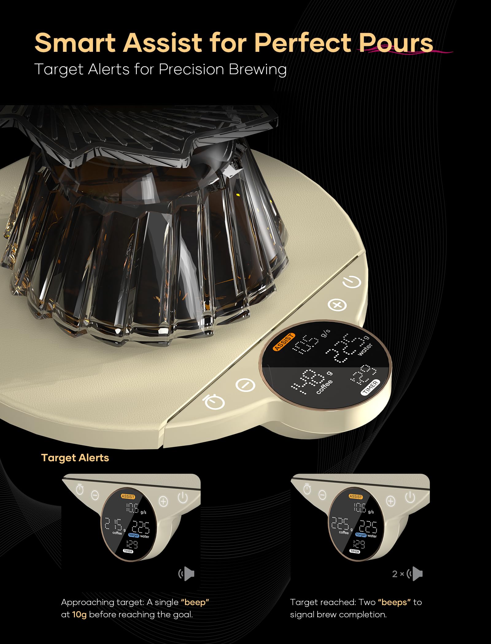Cocinare Balance Digitale Kaffeewaage - Präzisionssteuerung mit drei Modi (Brühassistent, Wiegen, Wettkampf), Digitale Küchenwaage für Kaffee und Kleinwaren, bis zu 3000g (Vintage White)