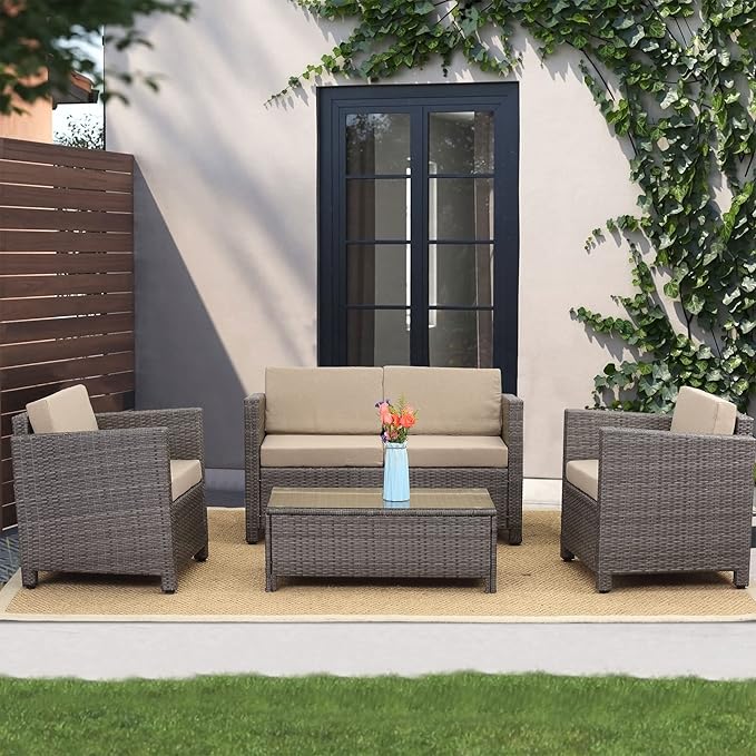 Wisteria Lane Patio Furniture Set, 4 Piece Outdoor Conversation Sets, Wicker Sofa