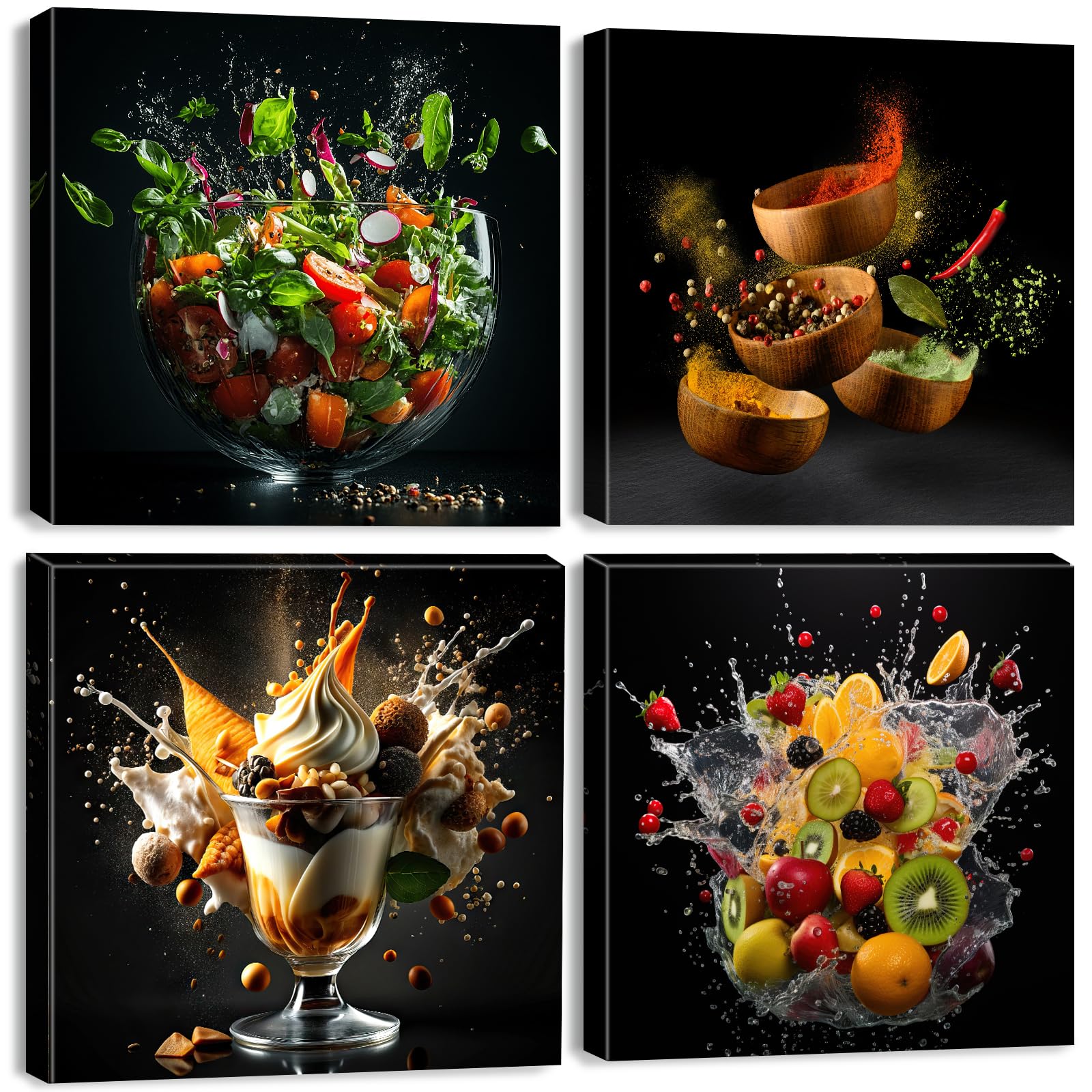 Framed Kitchen Wall Art 4 Pieces Fresh Vegetable Fruits Wall Prints Colorful Herbs Spices Canvas Wall Decor Kitchen Dessert Salad Pictures Modern Restaurant Dining Room Decor Home Decoration 30x30cm