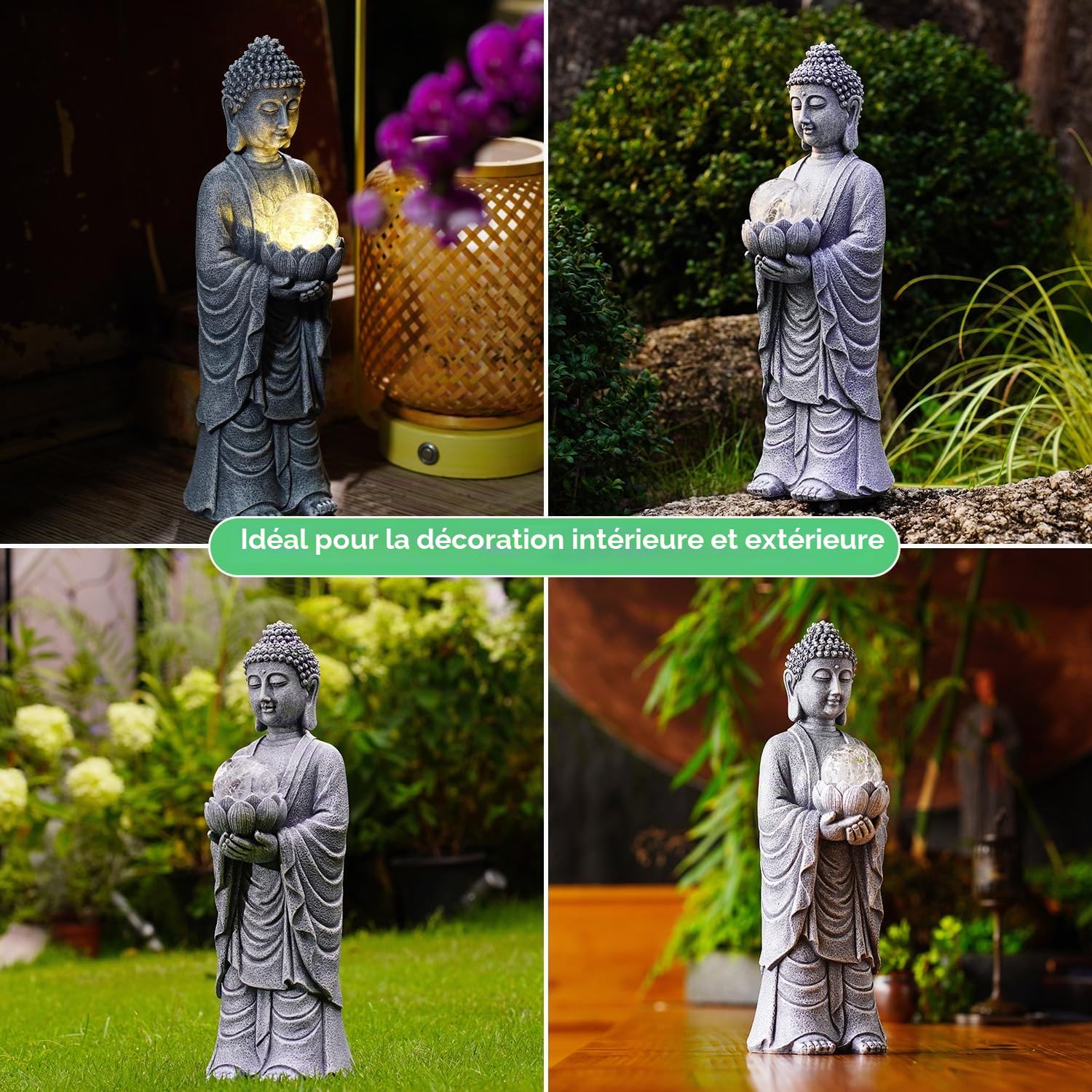 Yeomoo Figurine de Bouddha solaire - Hauteur : 36 cm - Avec LED et aspect craquelé - Grande décoration zen spirituelle pour jardin, terrasse et salon - Cadeau pour femmes, maman et homme (méditation