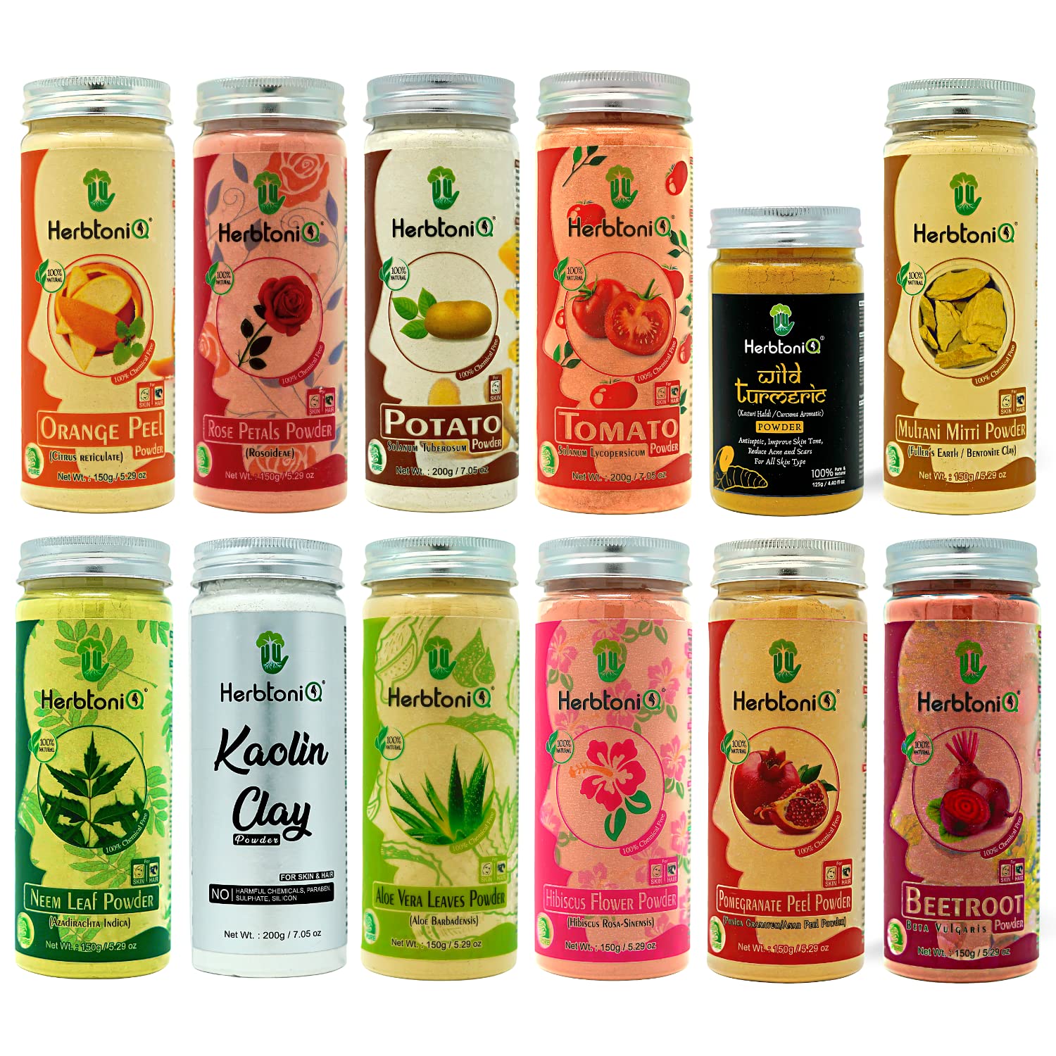 HerbtoniQ Combo Of 12 100% Natural Orange Peel, Rose, Potato, Tomato, Wild Turmeric, Multani, Neem, Kaolin, Aloevera, Hibiscus, Pomegranate Peel, Beetroot Powder For Face Pack, Acne & Spots (1925 g)