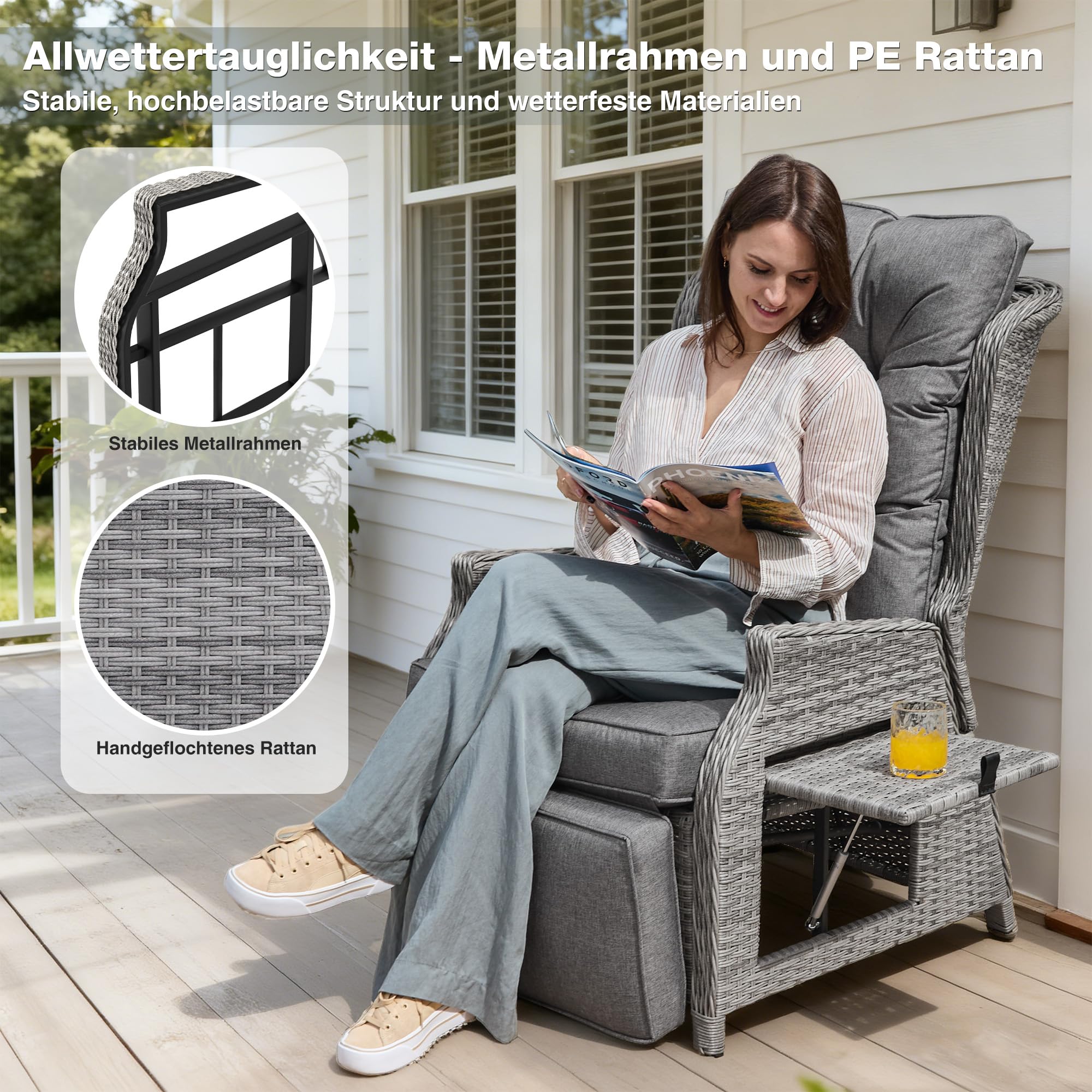 COMLAX FIELD Gartensessel mit Liegefunktion Wetterfest, Relaxsessel Verstellbar, Relaxliege für Innen, Gartenliege und Loungesessel aus Rattan, Dunkelgrau