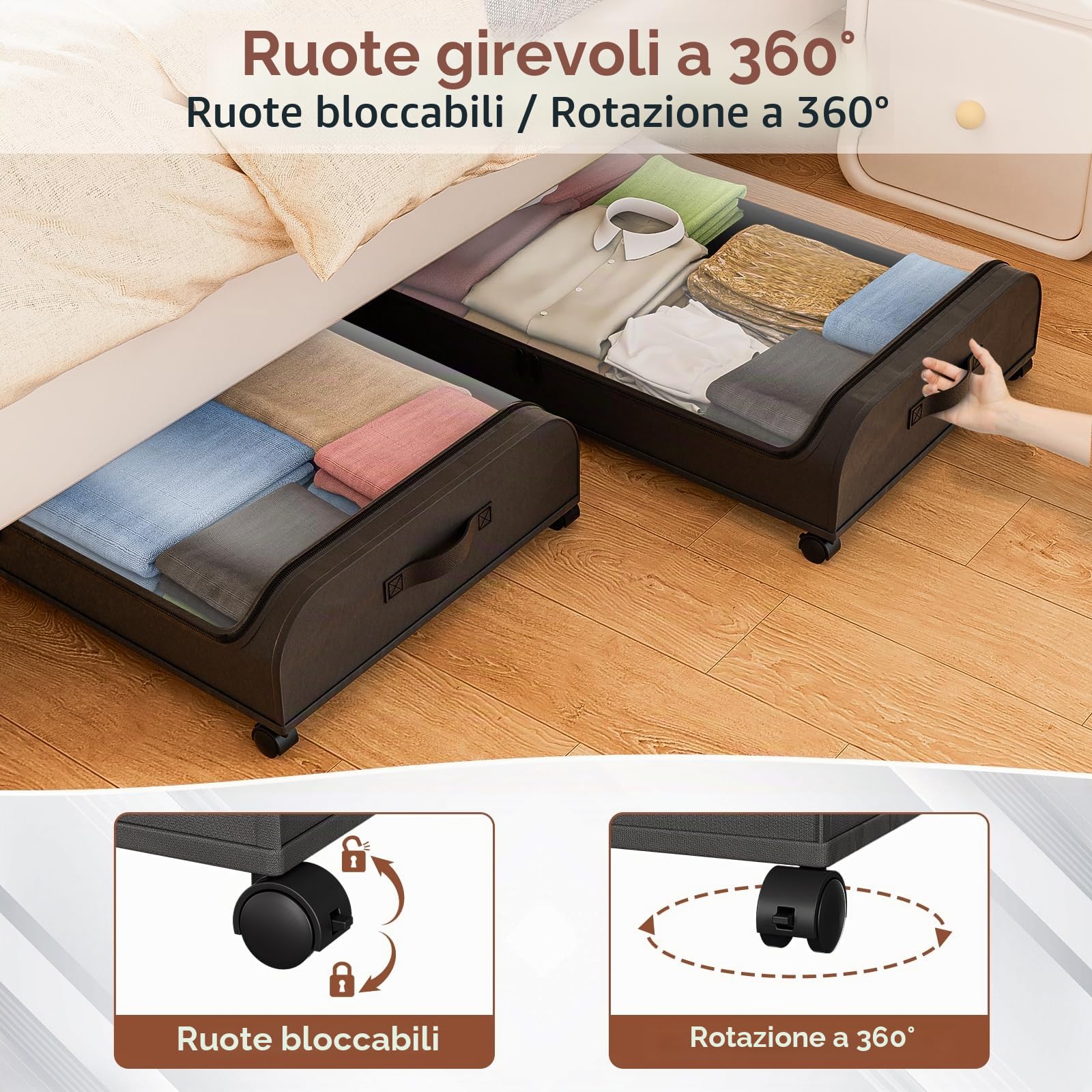 3 Pezzi 50L Scatole con Ruote per Vestiti Salvaspazio, Scatola per Armadio Pieghevole Porta Abiti con Manico Rinforzato, per Coperte Biancheria da Letto, 77x44x18 cm