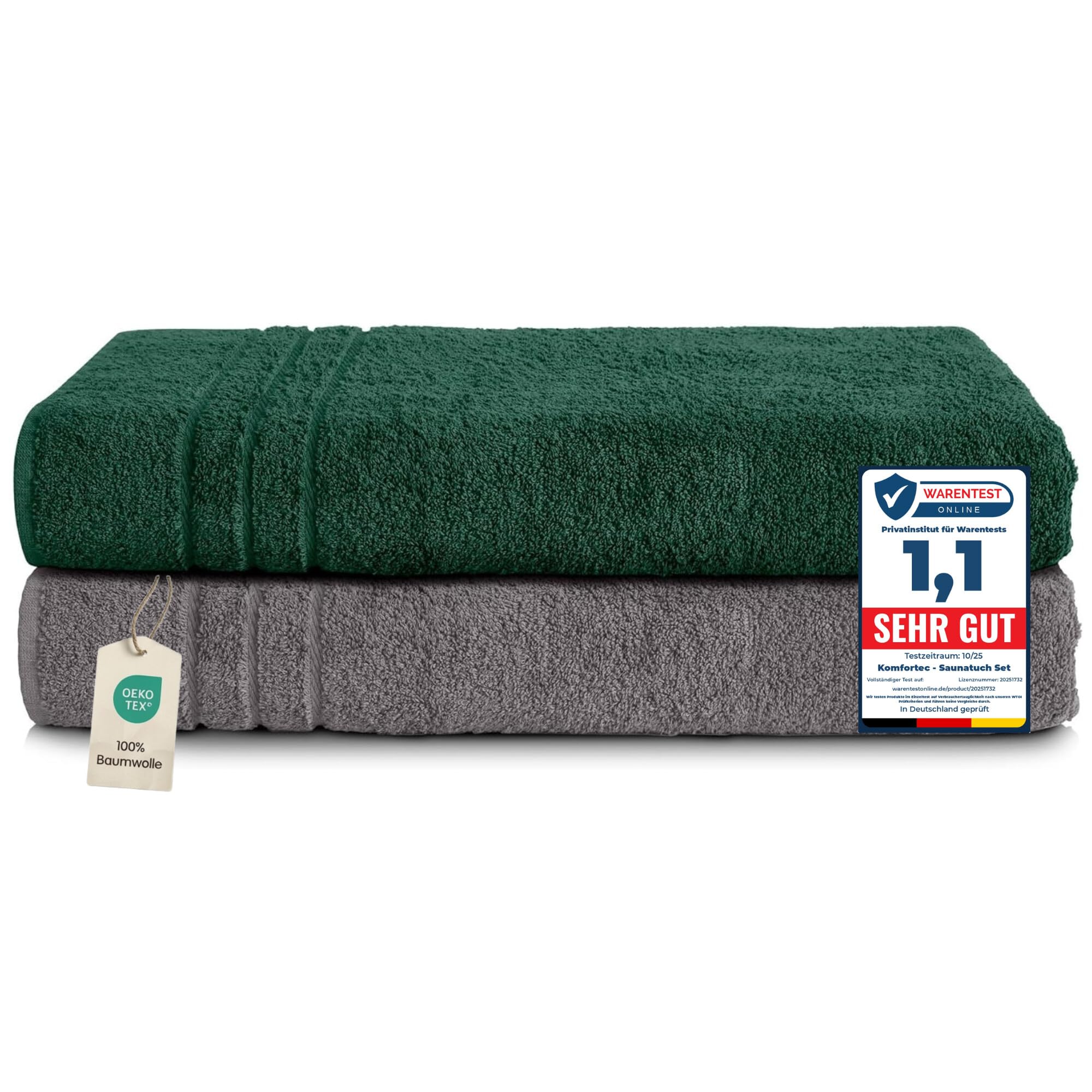 Komfortec 2er Saunahandtuch Set 80x200 cm, Große Saunatücher aus 100% Baumwolle, Sauna Handtücher, Flauschig und Saugstark, Schnelltrocknend, Anthrazit Grau/Dunkelgrün