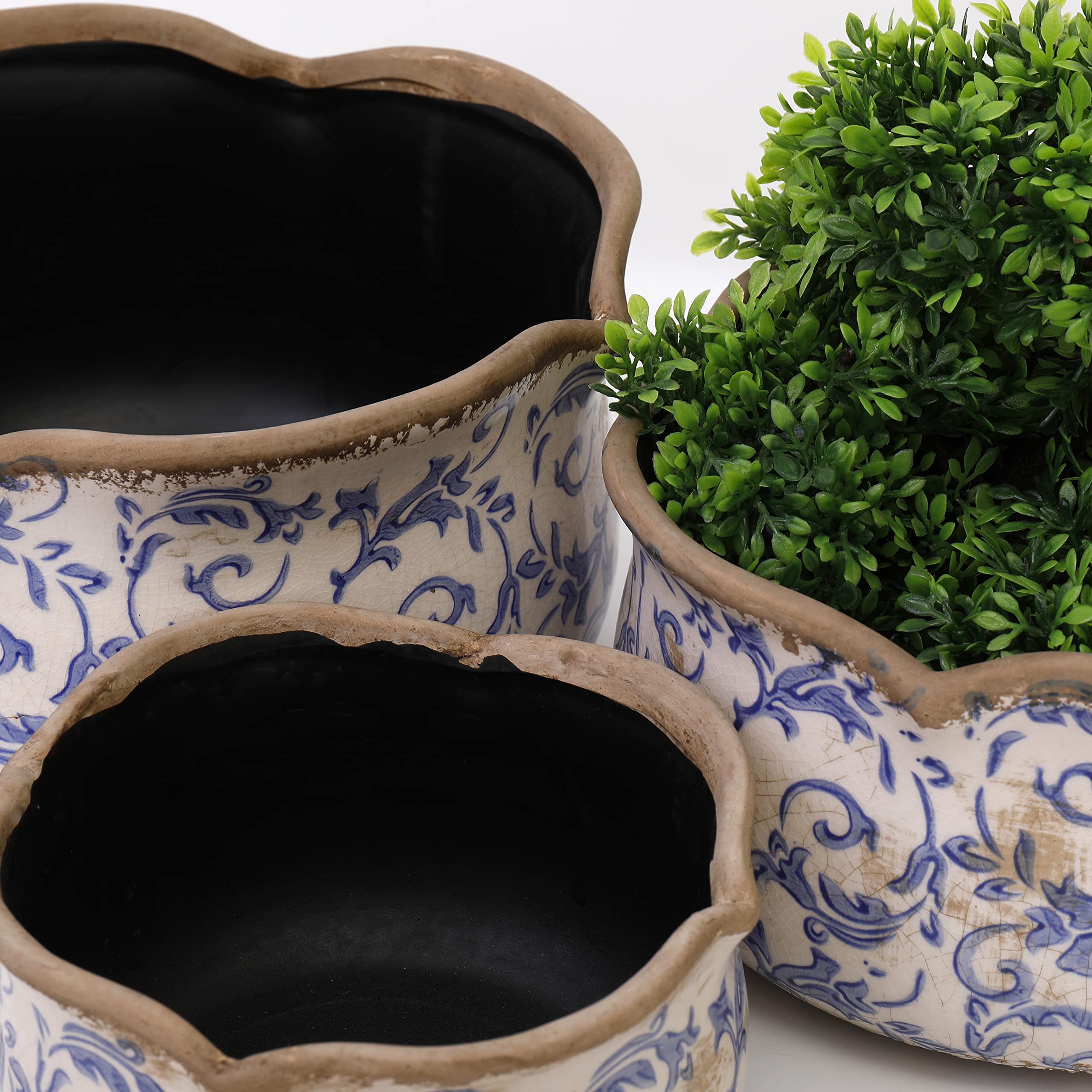 Annibells Blue Vintage Cream Ceramic Round Floral Scalloped Planter Plant Flower Pot (Set Of 3)