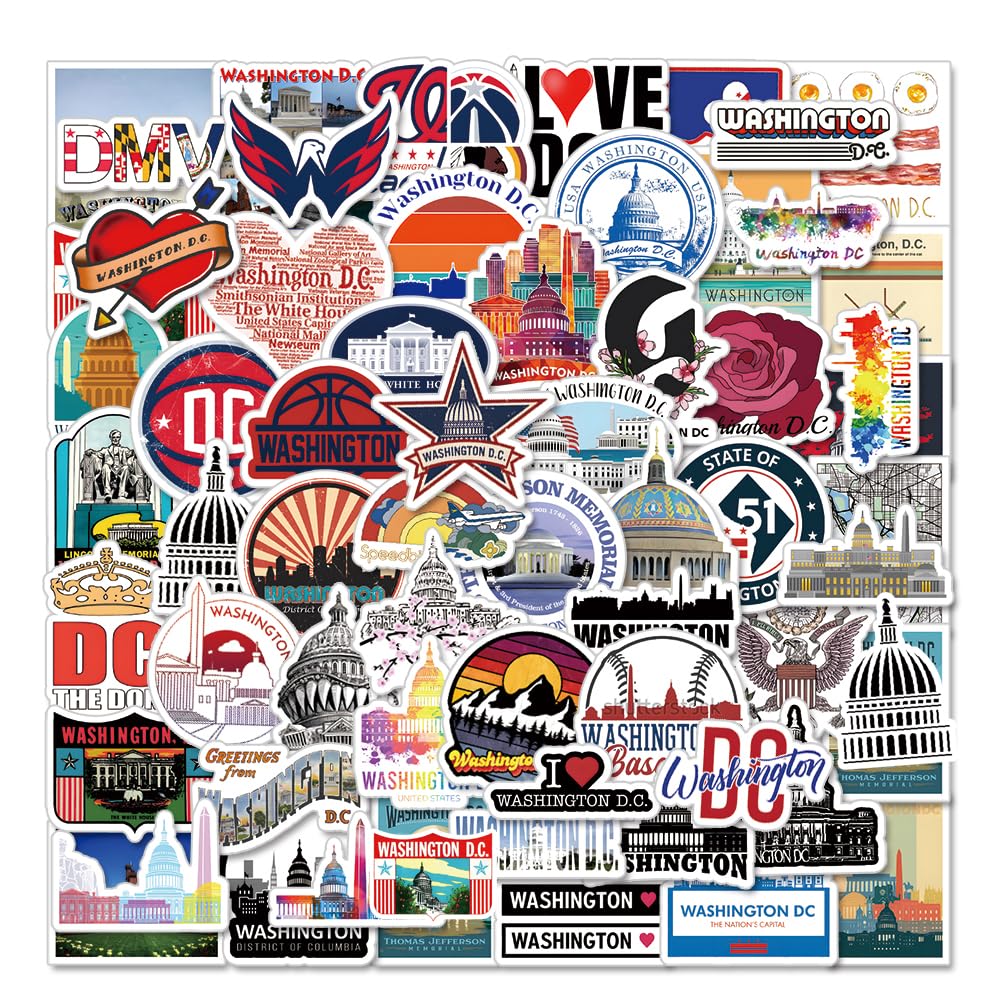 61Pcs Washington DC Stickers Pack, USA State Travel Aesthetic Vinyl Waterproof Sticker Decals for Water Bottle,Laptop,Phone,Scrapbooking,Luggage,