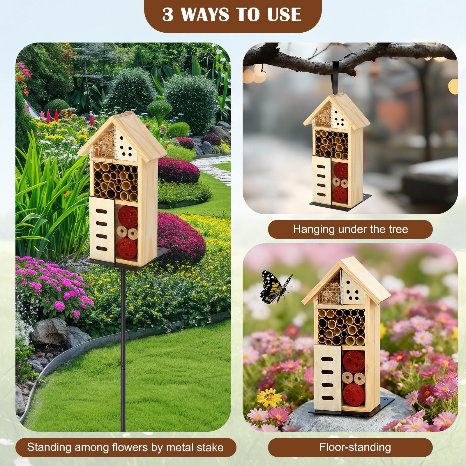 Novabright Casa per insetti in legno con paletto in metallo, per hotel, api, habitat naturale, per api, farfalle, coccinelle, insetti utili, giardino, cortile