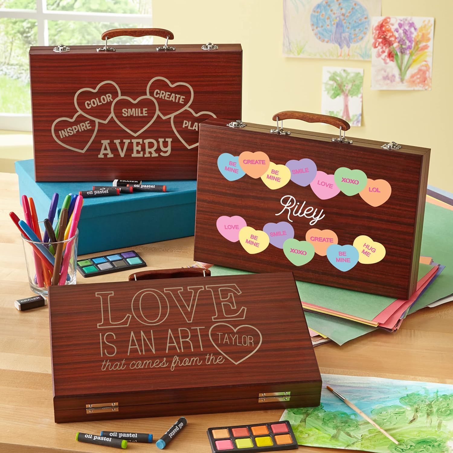 Let's Make Memories Personalized 80-Piece Deluxe Art Set - for Kids - Wood Carrying Case - Oil Crayons, Colored Pencils, Watercolors - Arts & Crafts - Add Their Name - Love Bug