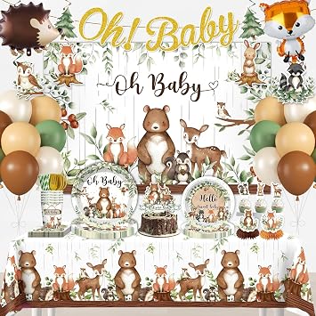 208Pcs Yingoto Woodland Baby Shower Decorations Tableware Set, Serves 25