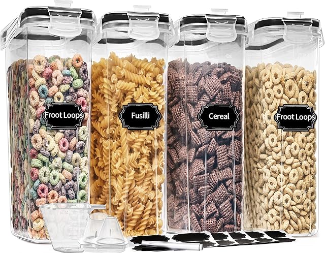 PRAKI Ensemble de stockage de conteneurs de céréales (4L,135.2 Oz), 4PCS Conteneurs hermétiques de stockage alimentaire avec pour la cuisine & Pantry Organization Distributeurs de céréales avec 20 étiquettes, Measuring Cup & Marqueur