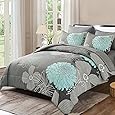 Chezmoi Collection Napa 7-Piece Luxury Leaves Scroll Embroidery Bedding Comforter Set (Full, Teal/Gray/Black)