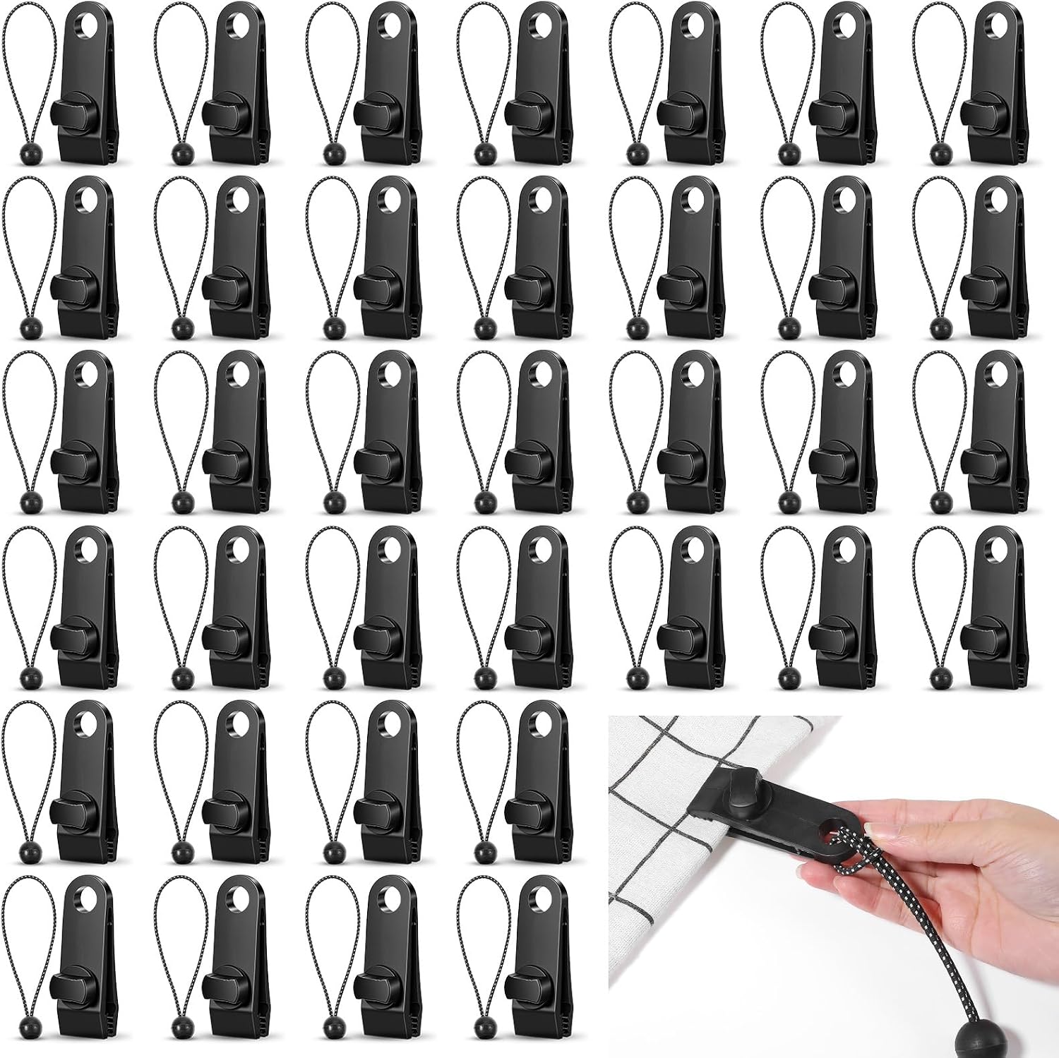72 Pcs Tarp Clips Lock Grip, Heavy Duty Tarp Clamps and Ball Bungee Cords Set, Tent Clips Shade Cloth Clip Fasteners for Swimming Pool Cover Awnings Outdoor Camping Caravan Canopies Car