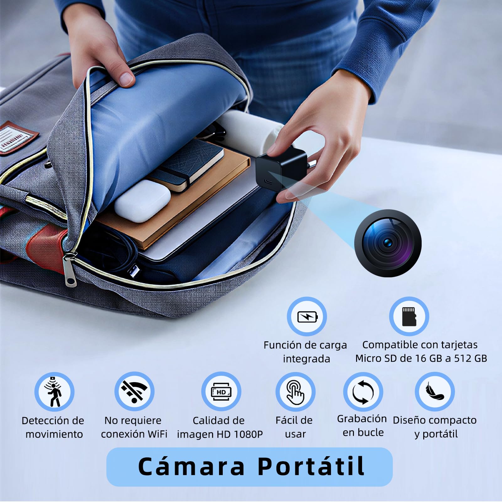 Cámara espía oculta, mini cámara, cámara niñera en alta definición 1080P,con función de detección de movimiento,apta para la vigilancia de seguridad en interiores,oficinas y otros lugares,sin Wi-Fi.