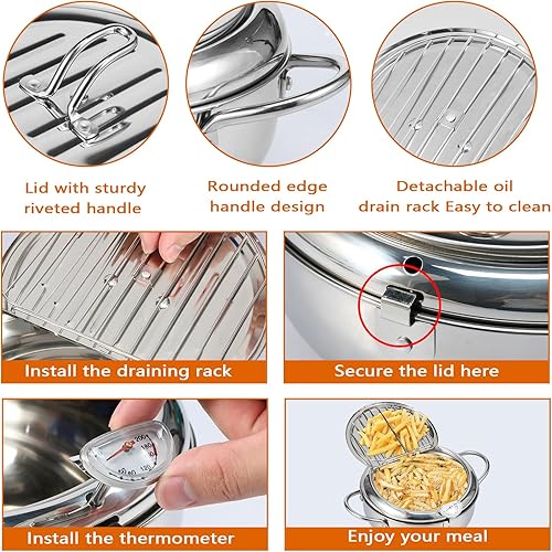 Miniatura 5 de Olla de freidora profunda de acero inoxidable 304 de 11 pulgadas4.2L, estilo Janpanese Tempura con cesta coladora y termómetro, olla con asa,