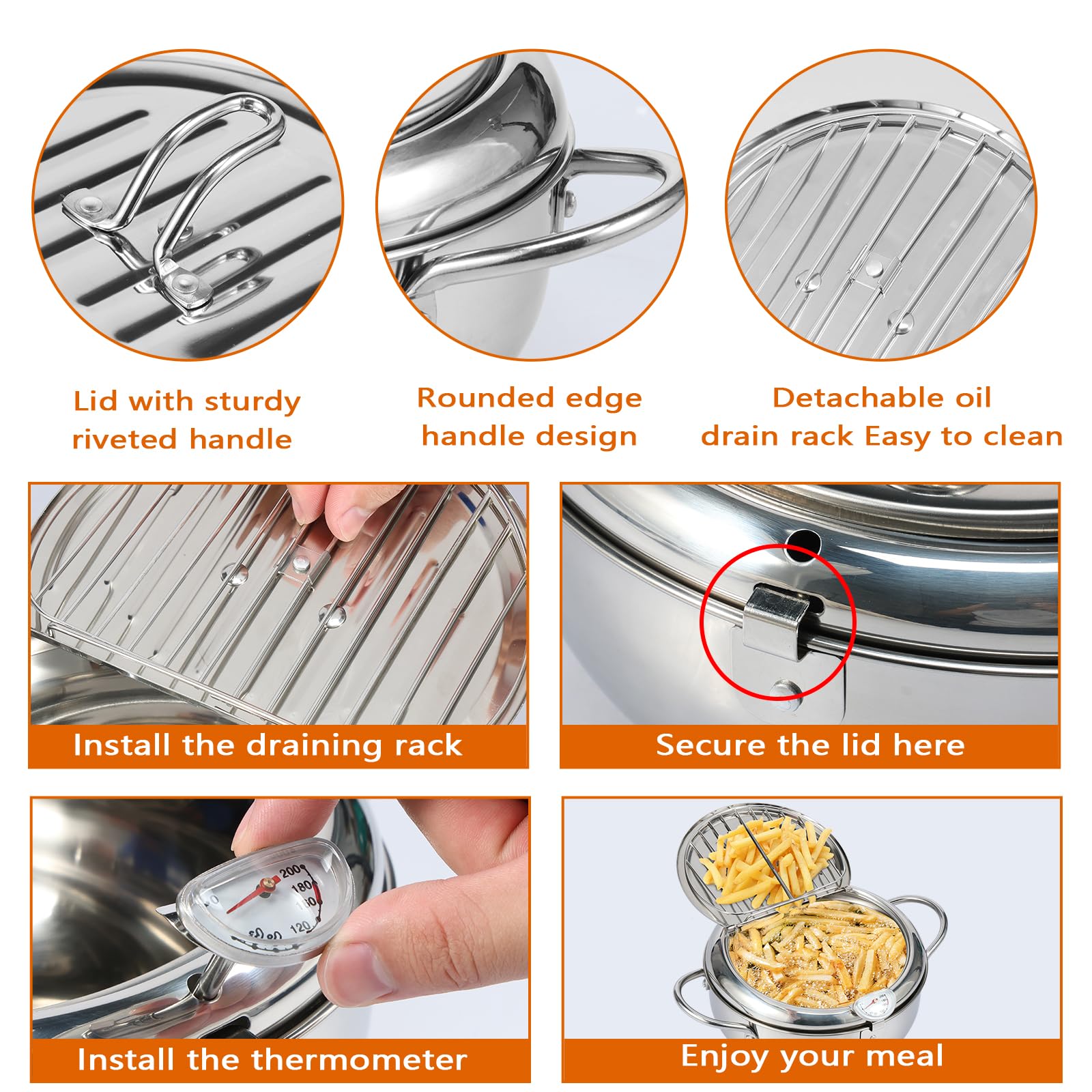 Freidora profunda con cesta coladora y termómetro, olla de acero inoxidable con asa, 3 tamaños, mini freidora de aceite, apta para lavavajillas, recipiente de aceite para freír pescado