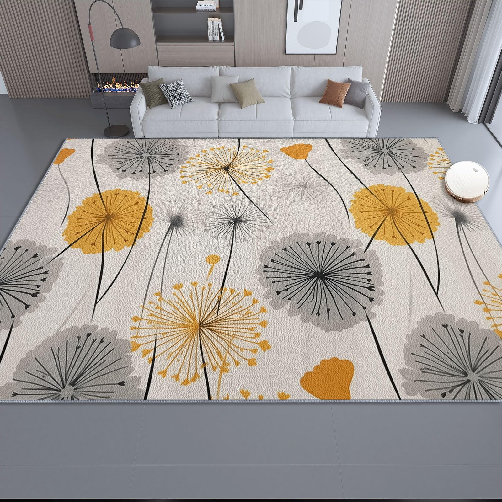 Tappeto Fiori Dente di leone Semplicità Antiscivolo Lavabile Pelo Corto Pelo Corto, Morbido, per Salotto, Camera da Letto Giallo senape grigio Design Moderno e Elegante 120x180