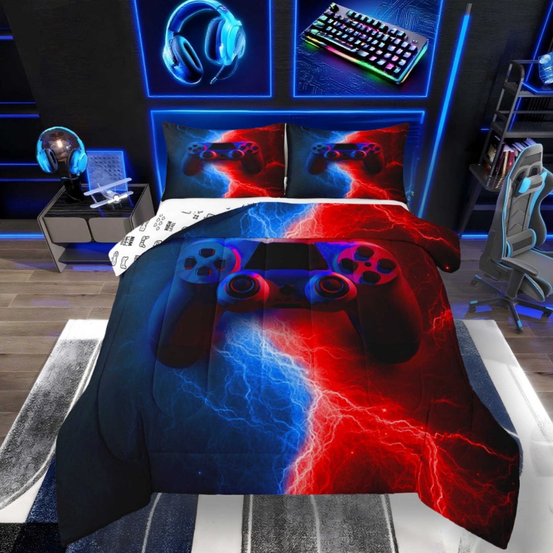 Erosebridal Gamer Gaming Duvet Insert Twin Size,Lightnings Gamepad Comforter Set,Video Games Down Comforter for Kid Teens Boys Man,Modern Bedroom Decor 2 Pcs Bedding Set,Red Blue-image-35