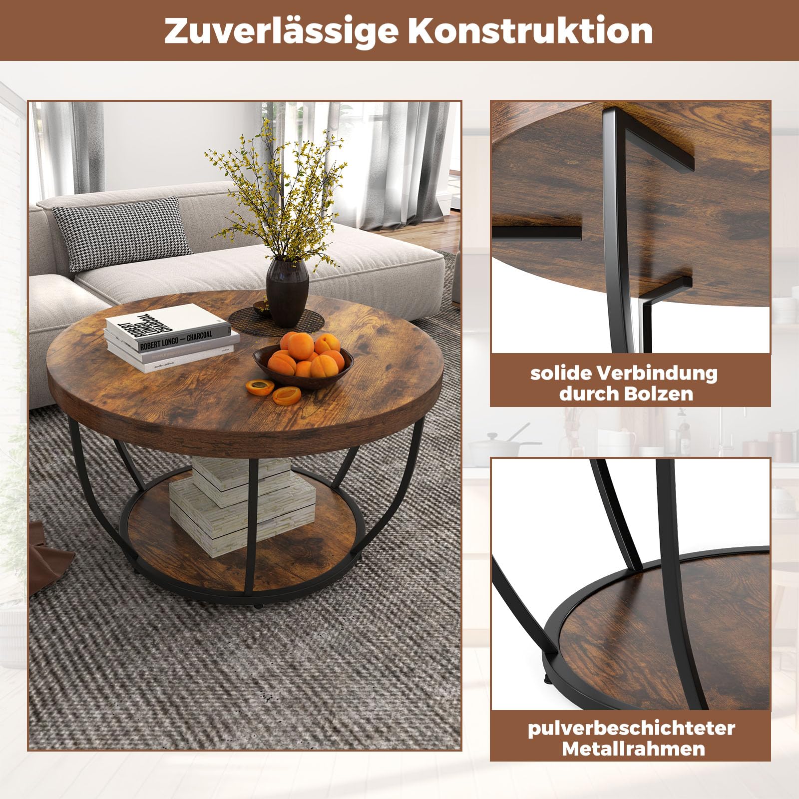 COSTWAY Couchtisch rund, Sofatisch Holz mit 2 Ebenen & Metallrahmen, Wohnzimmertisch Kafeetisch 80 cm D für Wohnzimmer, Empfangsraum, Büro (Rustikales Braun)