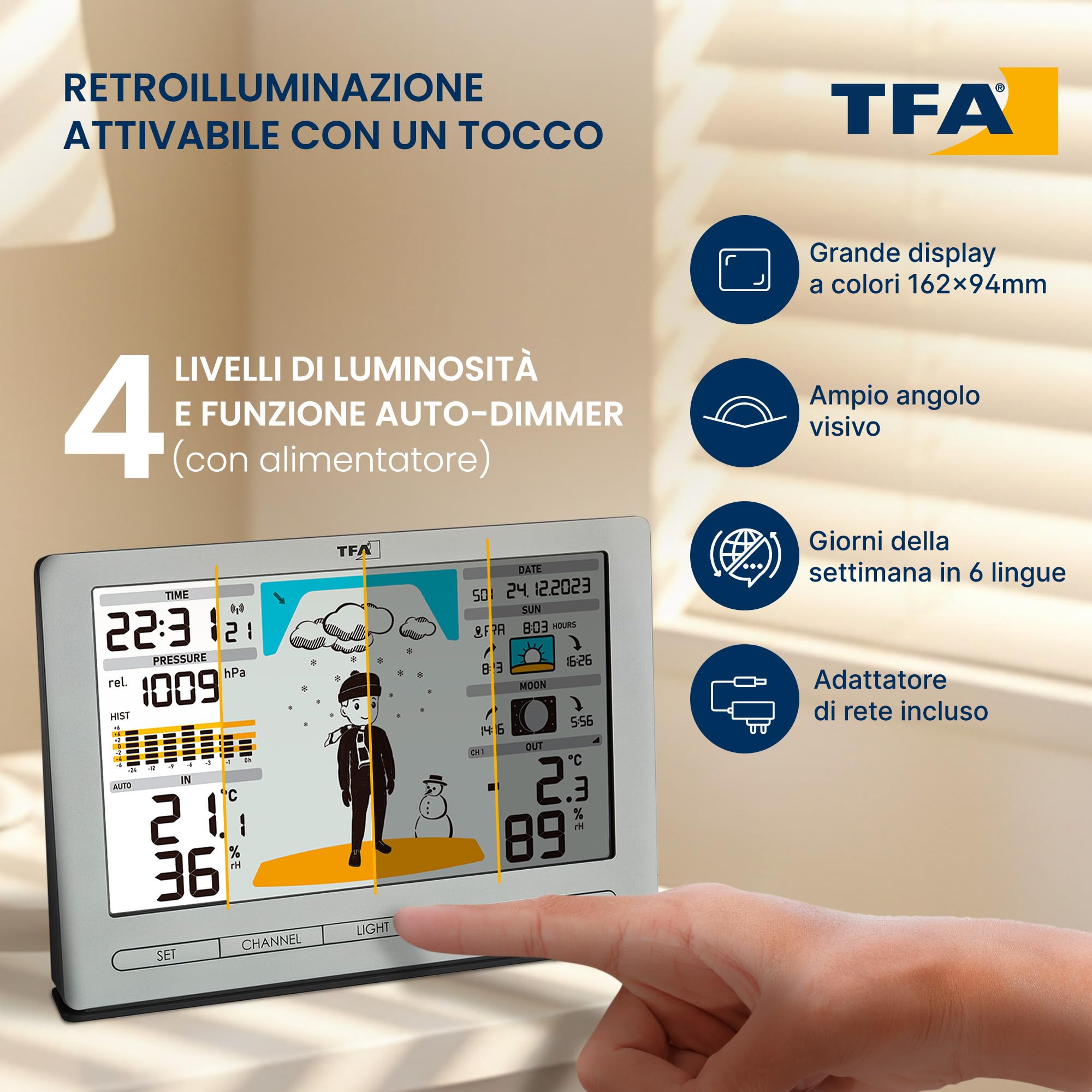 TFA Dostmann Stazione meteo radio METEO JACK, 35.1097.54,con sensore esterno, con previsioni del tempo, pressione atmosferica, fasi lunari, alba e tramonto, orologio radio, argento
