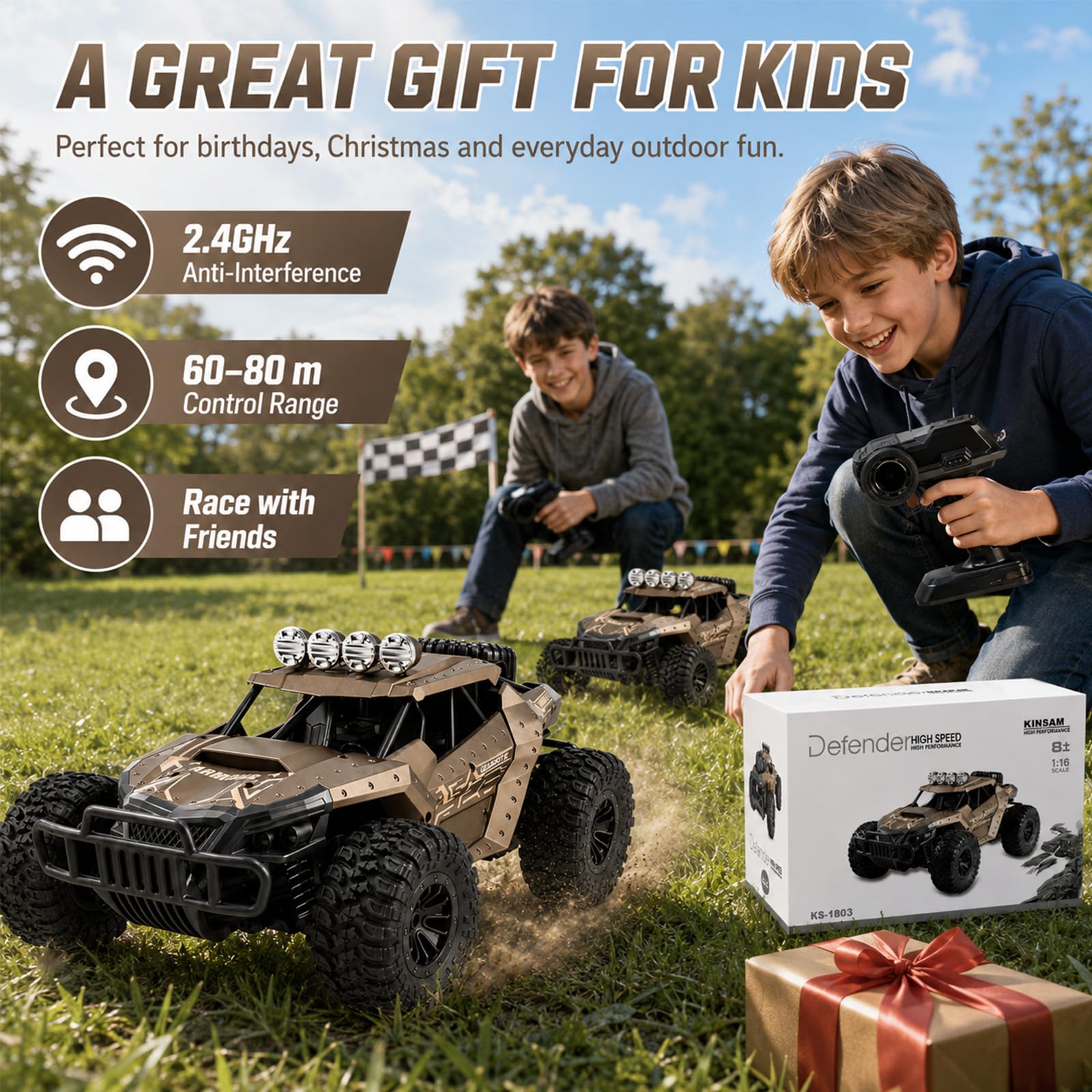 Ferngesteuertes Auto für Draußen,2AKKU 1500 Mah 1/16 Rc Auto Offroad ab 6 8 10 Jahre,Volles Proportional 25 KM/H,90min Play, RC Monstertruck Buggy,Rc Car Kinder [Revolutionäre Version 2026]