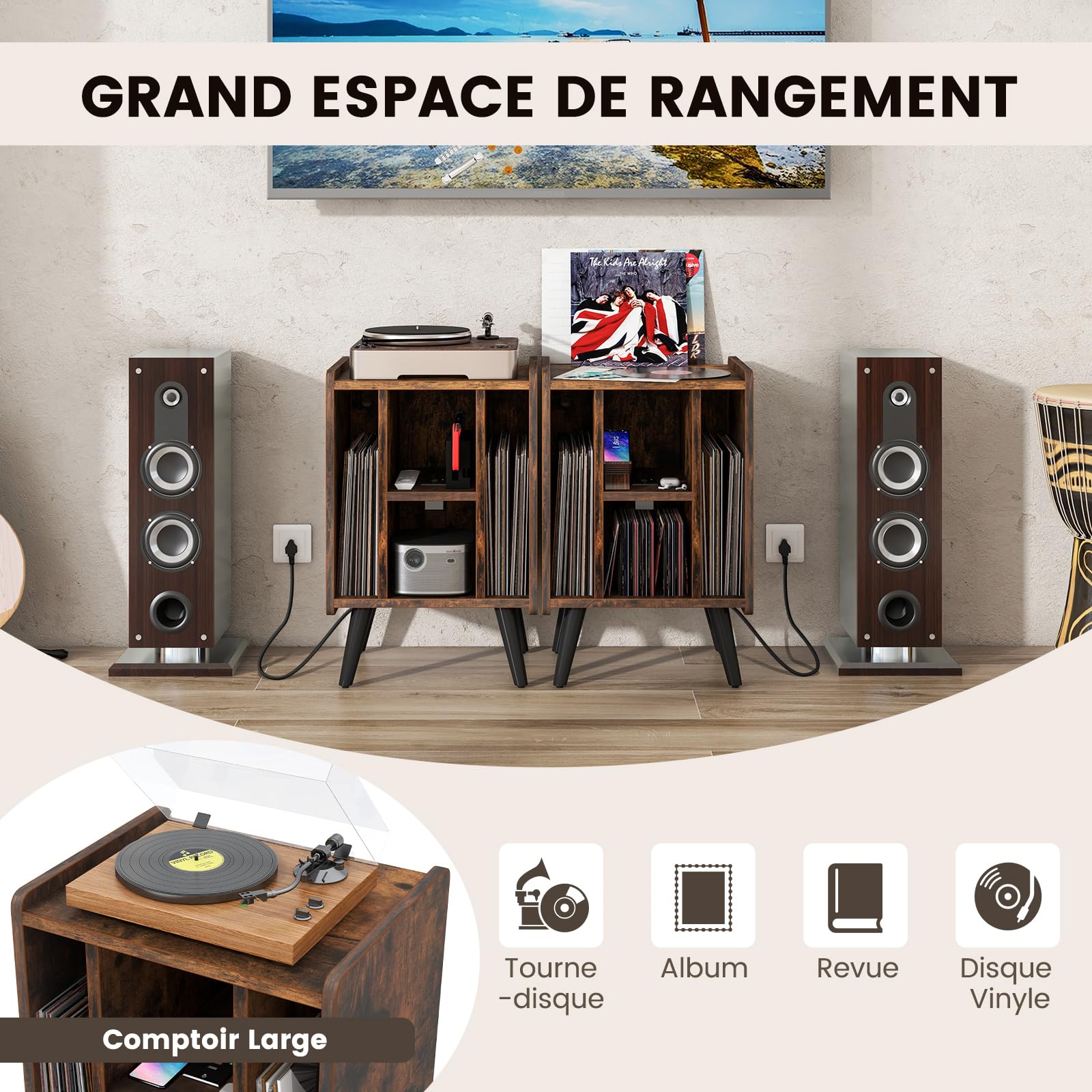 COSTWAY Table d’Appoint avec Station de Charge,2 Prises,1 USB Charge Rapide,1 Type-C,Pieds en Métal,Bout de Canapé, Armoire Meuble Tourne-Disque Vinyle avec Prise pour Salon Chambre (Marron Rustique)