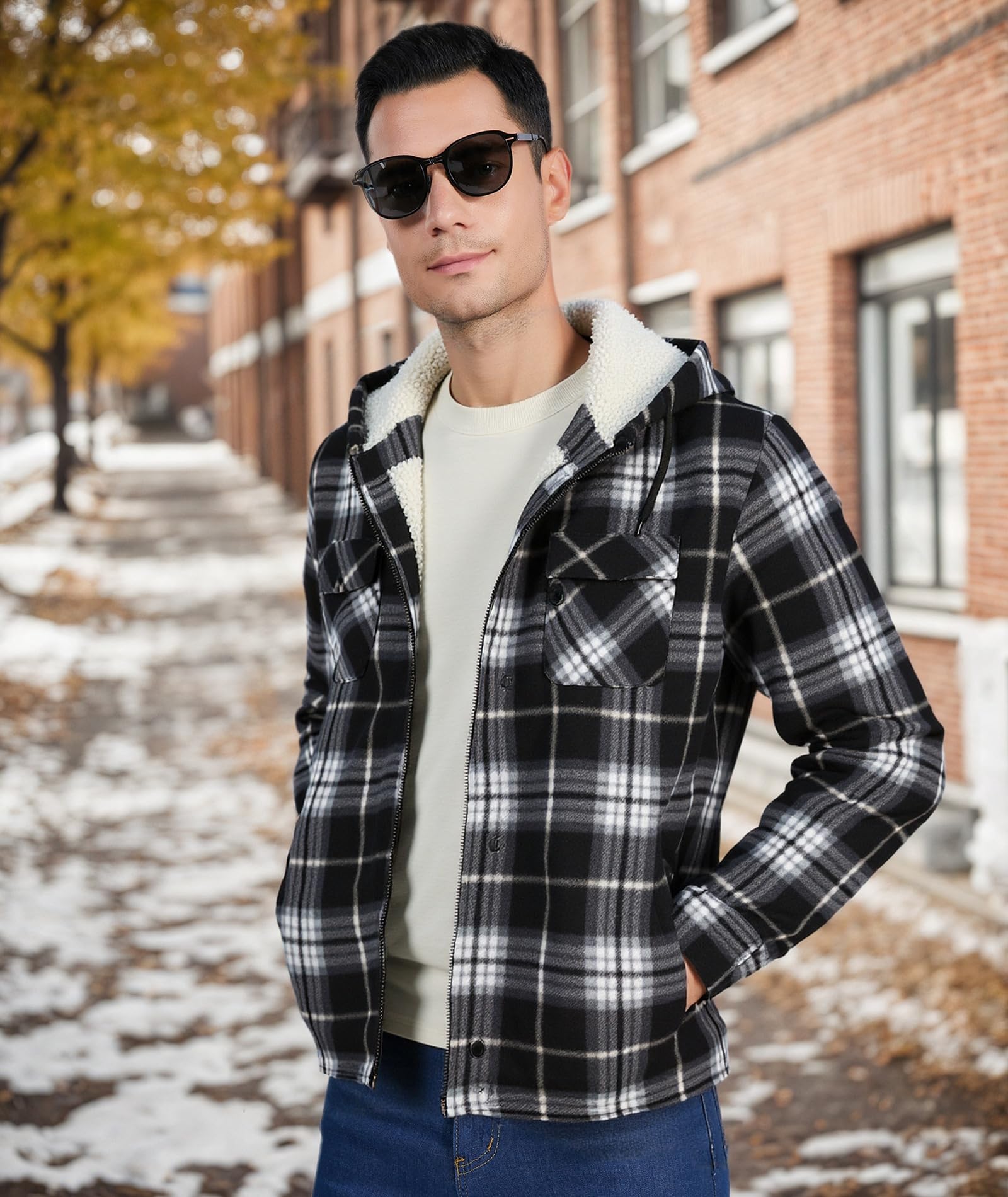 JACKETOWN Veste Polaire Homme Avec Capuche Chemise En Flanelle à Carreaux Veste Mi-Saison Chaude Doublée Manteau Décontracté Avec Poches Idéale Pour L’automne Et L’hiver