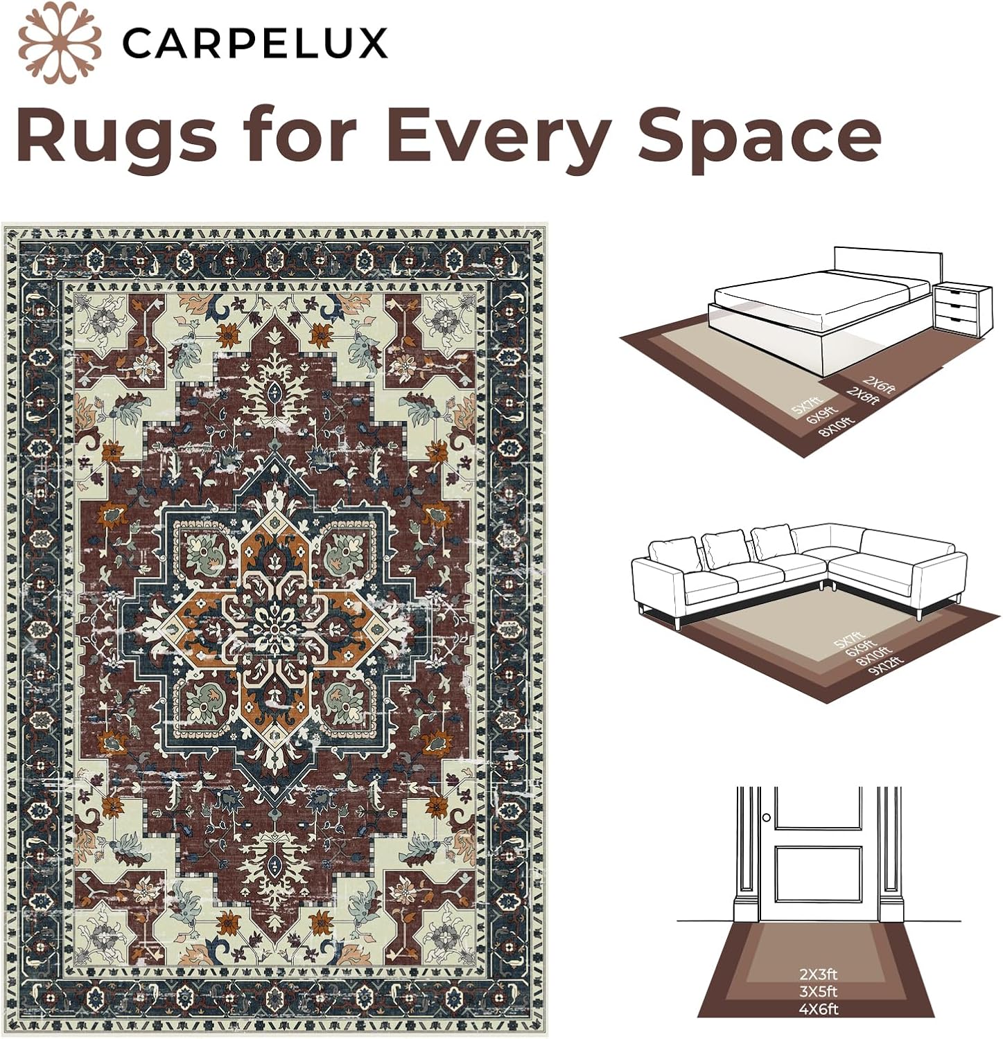 5x7 Area Rugs for Living Room, Machine Washable Non Slip Carpet, Vintage Floral Aesthetic Rug, Dining Home Decor, Rosewood Red - Image 6