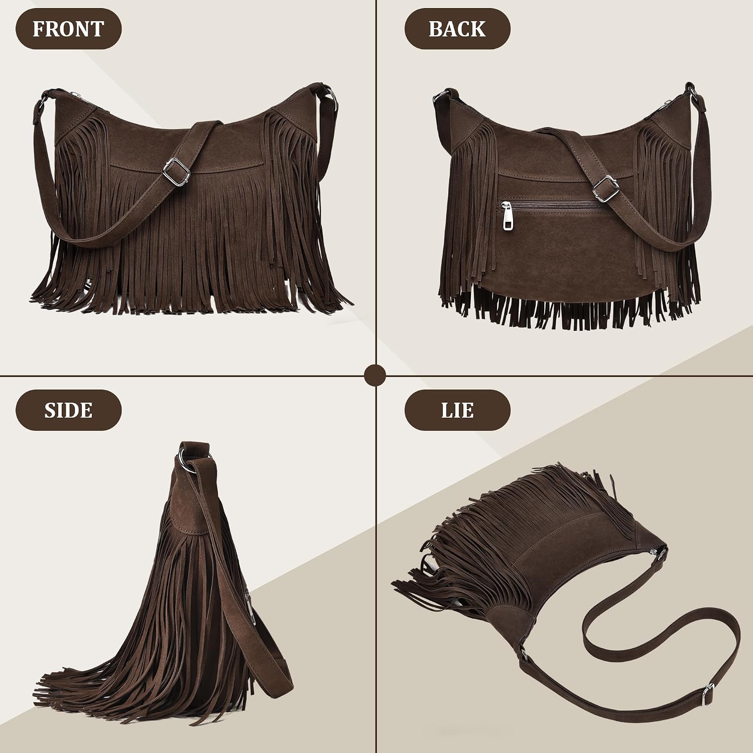 Fringe Hobo Bags for Women Vintage Suede Crossbody Bag Hippie Western Cowgirl Purses Tassel Shoulder Bag